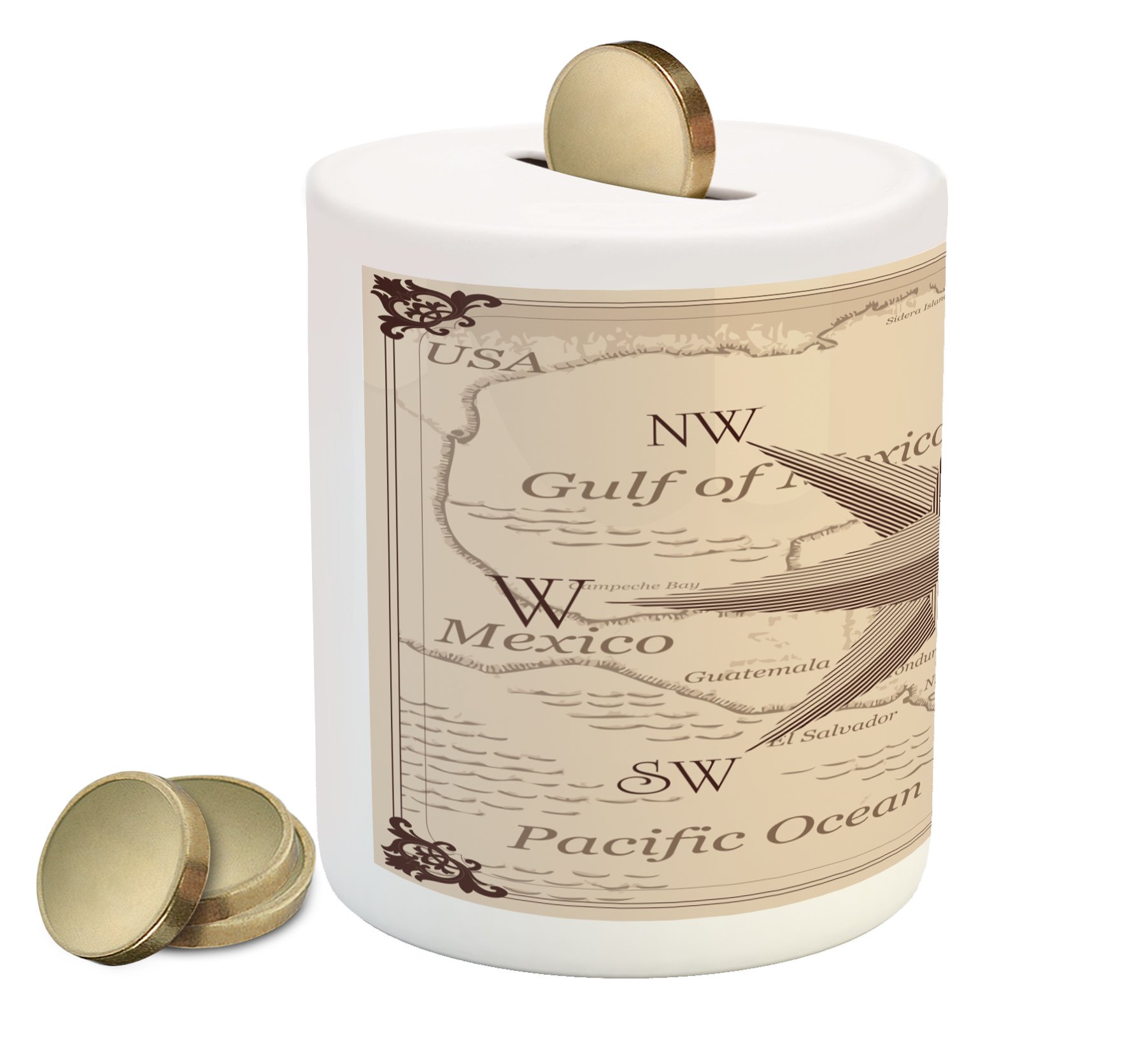 Ambesonne Compass Piggy Bank - Ceramic Money Box with Central American Map & Windrose Design, Ideal for Saving Cash & Coins | Perfect Gift for Kids, Travel Enthusiasts & Collectors | Home, Office, or Dorm Decor