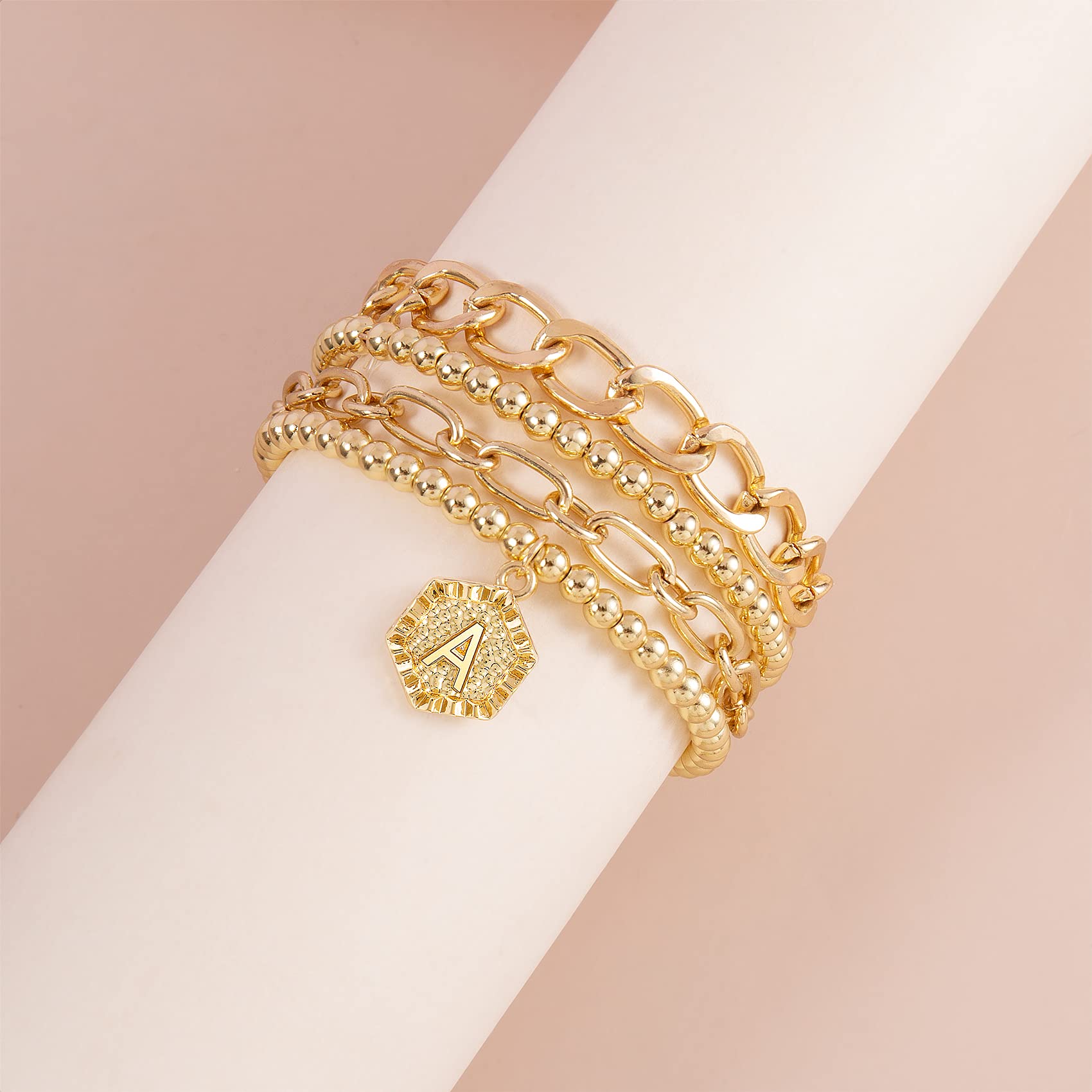Gold Plated Initial Bracelets for Women - Stackable Bead & Chain Bangle Set, Layered Cute Bracelet Jewelry Gift for Birthday, Anniversary, Party & Everyday Wear