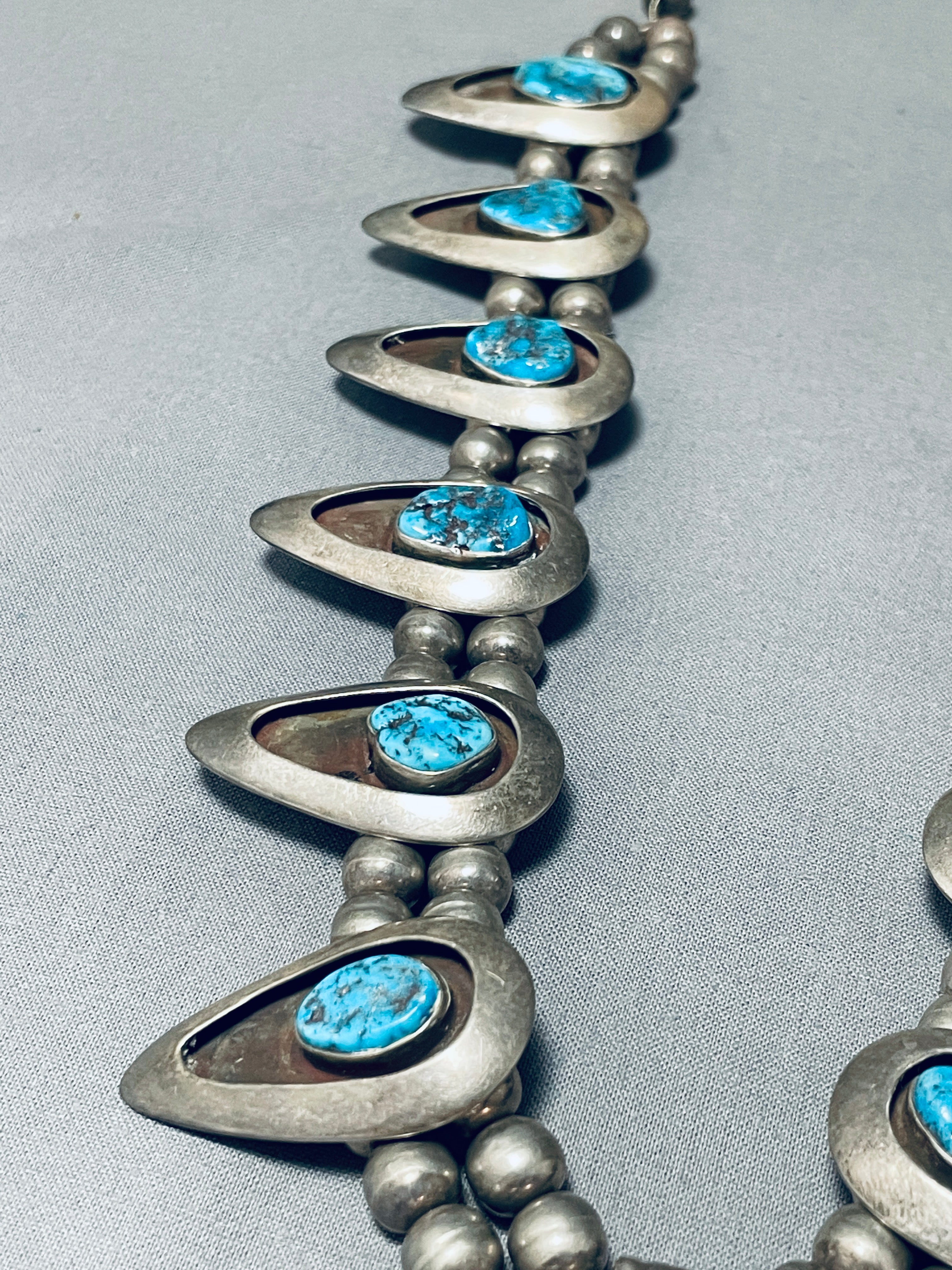 200 Gram Vintage Native American Navajo Turquoise Sterling Silver Squash Blossom Necklace - Handmade Jewelry for Women, Perfect for Boho Fashion, Weddings & Special Occasions
