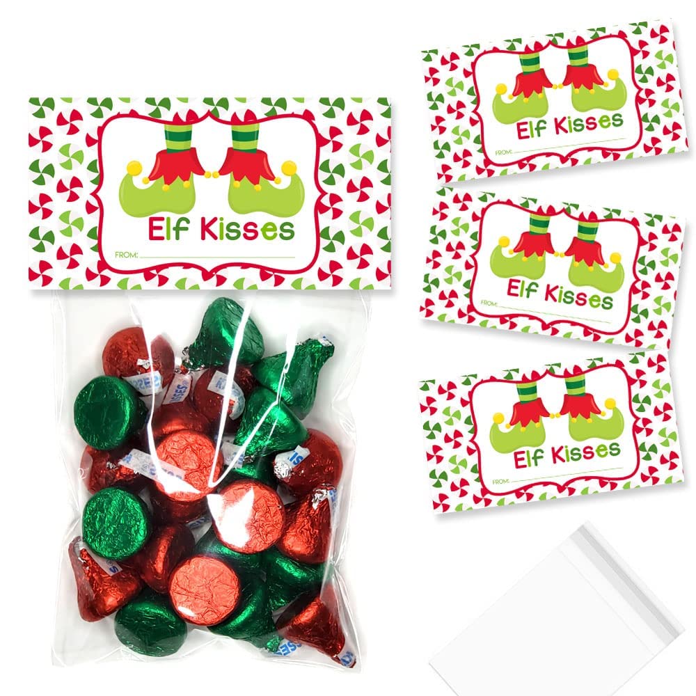 Elf Kisses Christmas Treat Bag Toppers - 20 Count with Self-Adhesive Bags Included | Holiday Party Favors, Classroom Treats & Gift Bag Decorations by AmandaCreation
