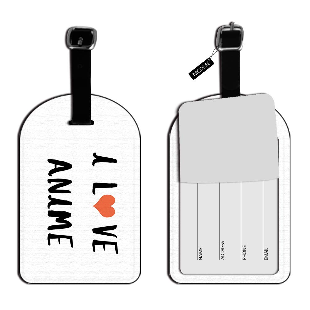 Nicokee Anime-Themed Leather Luggage Tag - I Love Anime Engraved ID Tag for Suitcases, Carry-Ons & Travel Bags (White) - Perfect for Anime Fans & Travel Enthusiasts