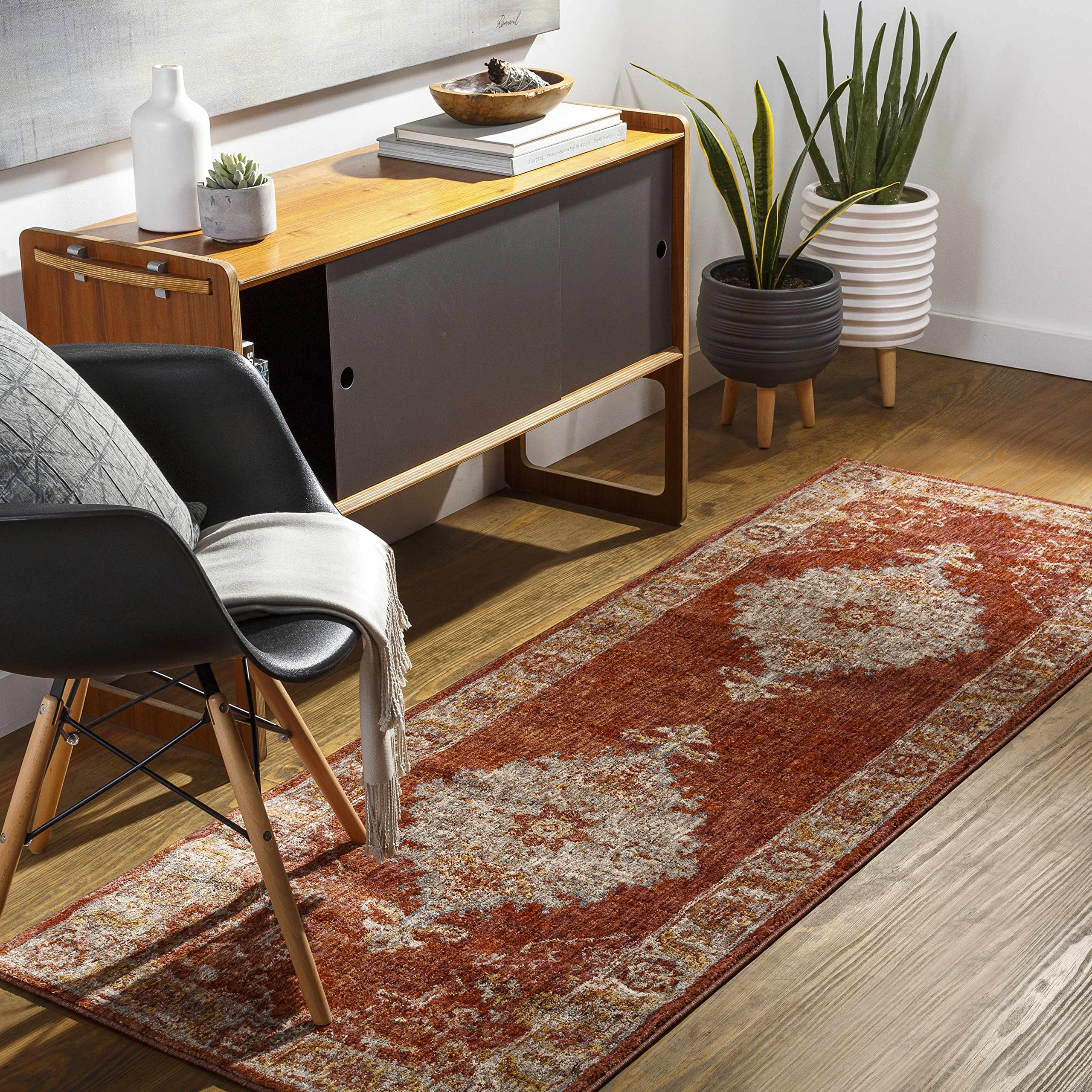 Premium Hauteloom Bluewell Area Rug for Living Room & Bedroom - Soft Gray, Beige, Red - 7'10