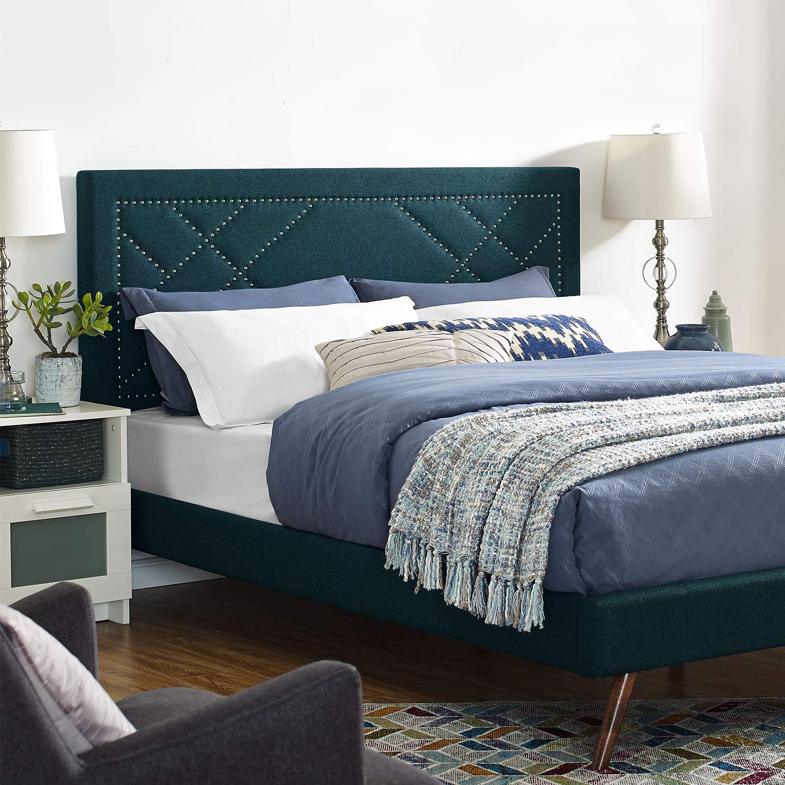 Modway Reese Upholstered Nailhead Trim Headboard - Full/Queen Size, Linen Fabric in Azure Blue - Perfect for Modern Bedroom Decor & Guest Room Upgrade