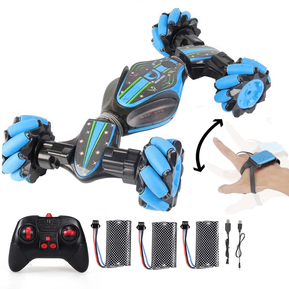 JLLING 1/10 Scale Remote Control RC Stunt Car - 2.4GHz 4WD Off-Road RC Car with Gesture Sensor, LED Lights & Music - Transformable Double-Sided Toy Car for Kids & Teens - Perfect for Indoor Play, Outdoor Adventures & Birthday Gifts