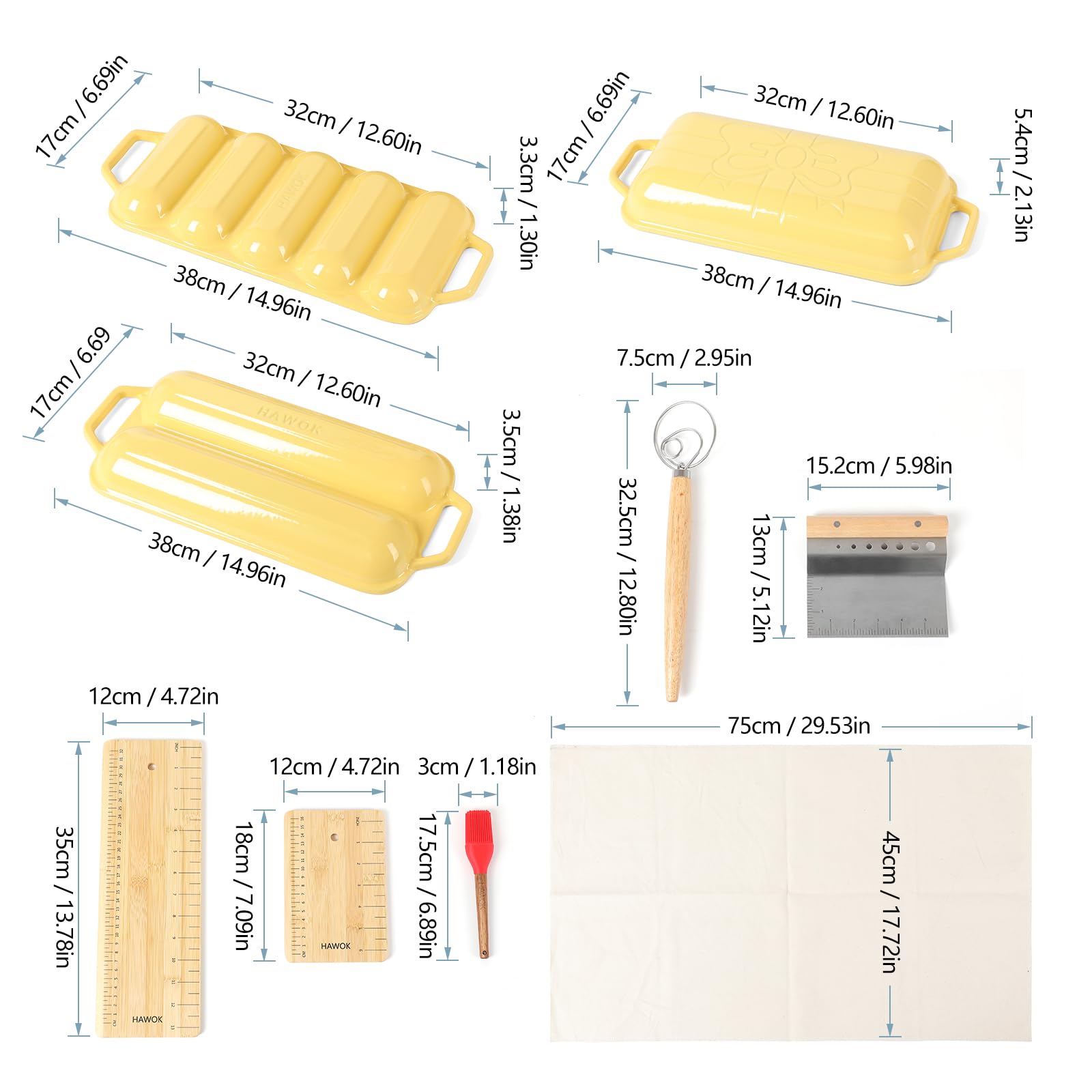 HAWOK Enameled Cast Iron French Baguette Baker Set - 2 Baking Trays, Lid, Transfer Boards & Baking Tools for Perfect Bread, Hot Dogs & Pastries | Ideal for Home Baking, Restaurants & Artisan Bread Making