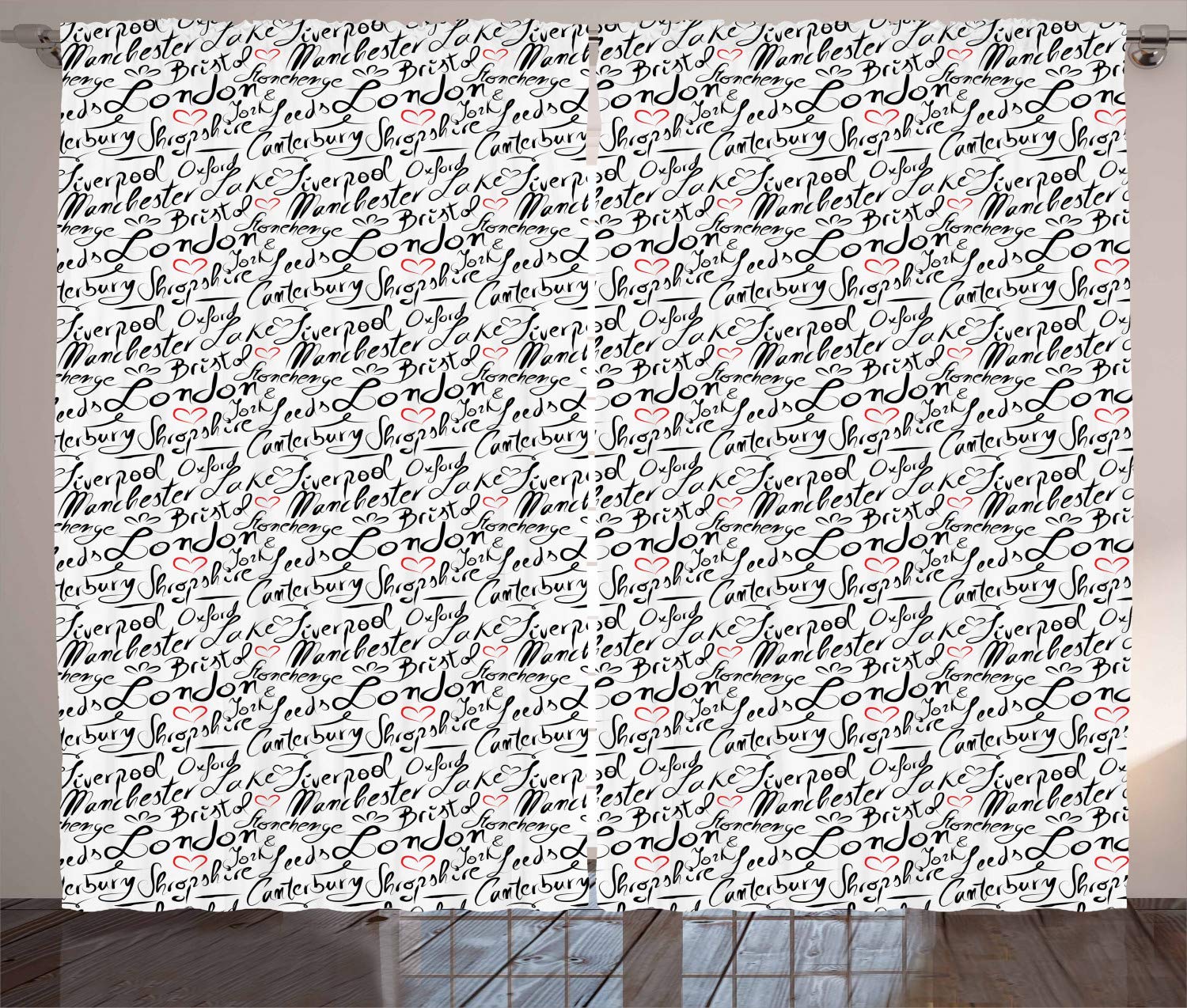 Ambesonne England Curtains - Monochrome Hand Lettering Style City Design (Bristol, London, Oxford) - 2 Panel Window Drapes 108