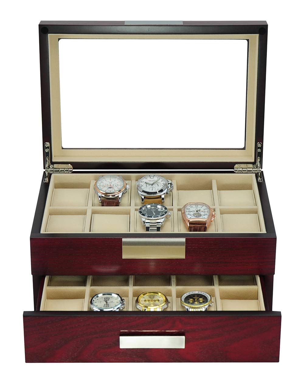Arolly 20-Slot Wooden Watch Display Case with Glass Top - Luxury Jewelry Storage Box & Organizer for Men & Women - Perfect for Watch Collections, Jewelry Display, and Home Decor
