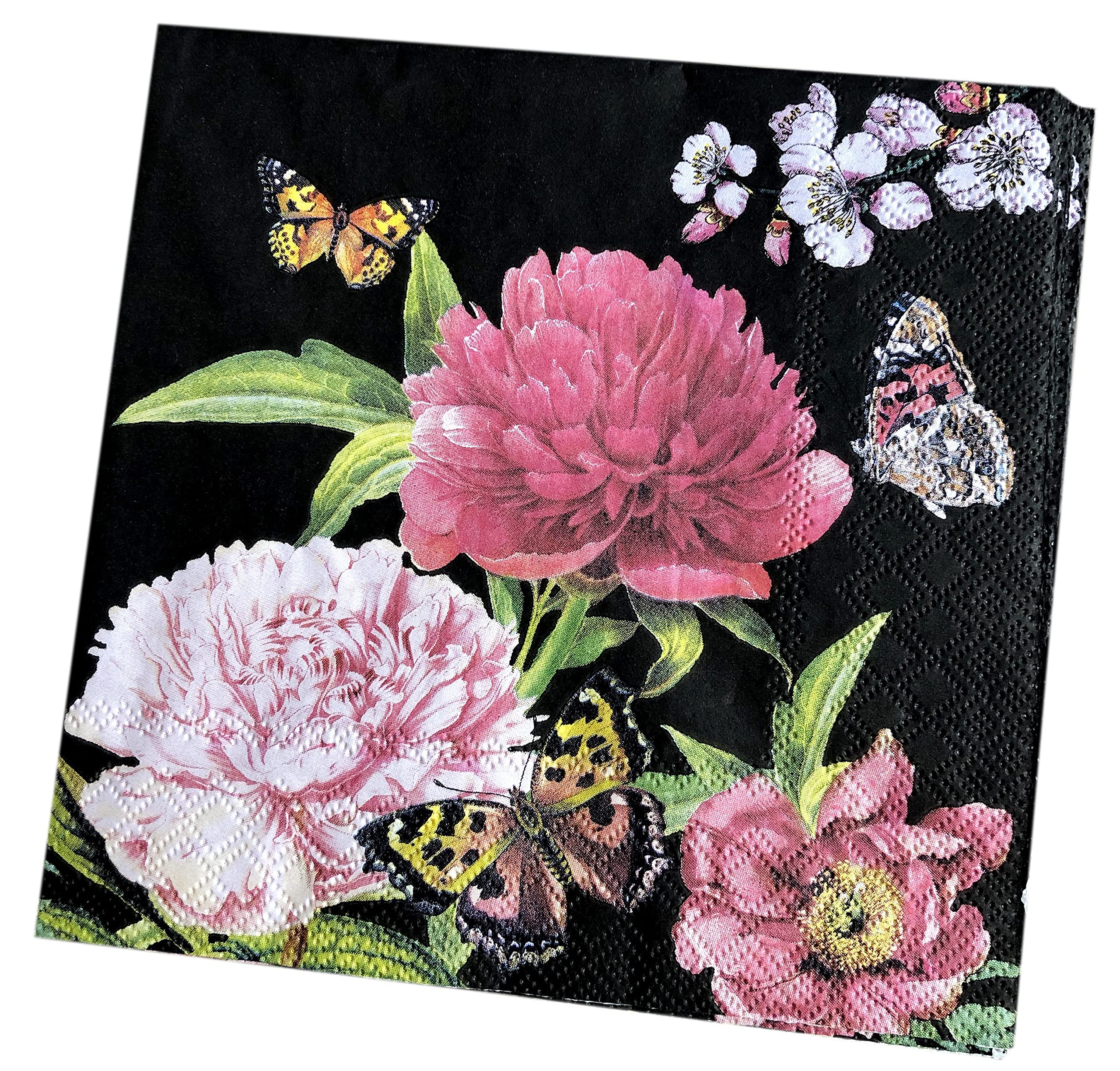 20-Count 13x13 Inch Peony Black Floral Paper Napkins for Decoupage - Elegant Flower Design for Weddings, Parties & Home Decor - Perfect for DIY Crafts, Table Settings & Special Occasions