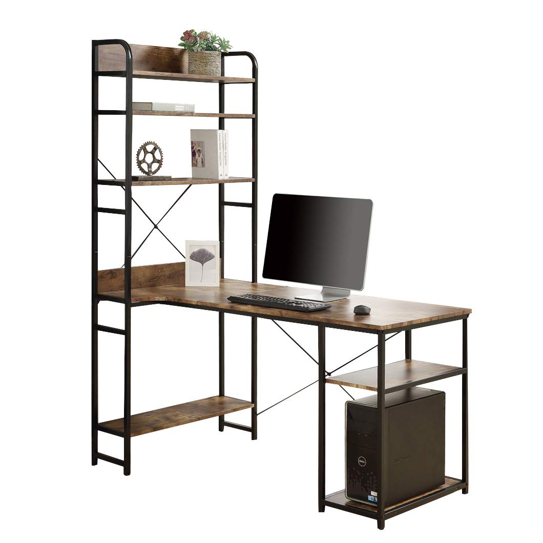 Modern Compact Steel Frame Solid Wood Desk with 5-Tier Bookshelf - Space-Saving Corner Study Desk with Storage Shelves for Home Office, Writing & Reading | Perfect for Small Spaces & Workstations
