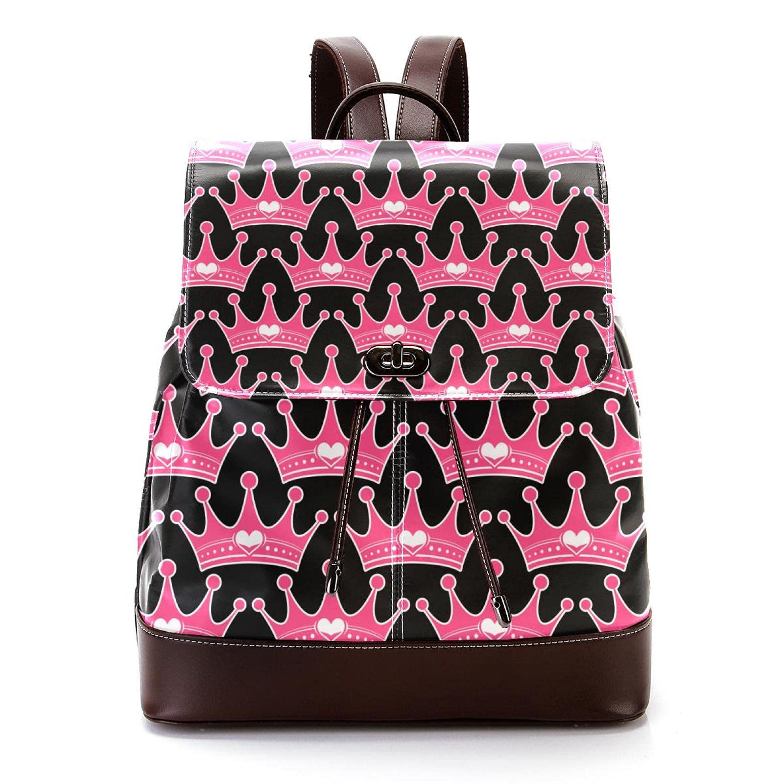 Stylish PU Leather Backpack for Men & Women - Lightweight School Backpack, Travel Daypack with Adjustable Straps (Pink, Crown & Heart Jewel Design) - Perfect for College, Commuting & Weekend Getaways