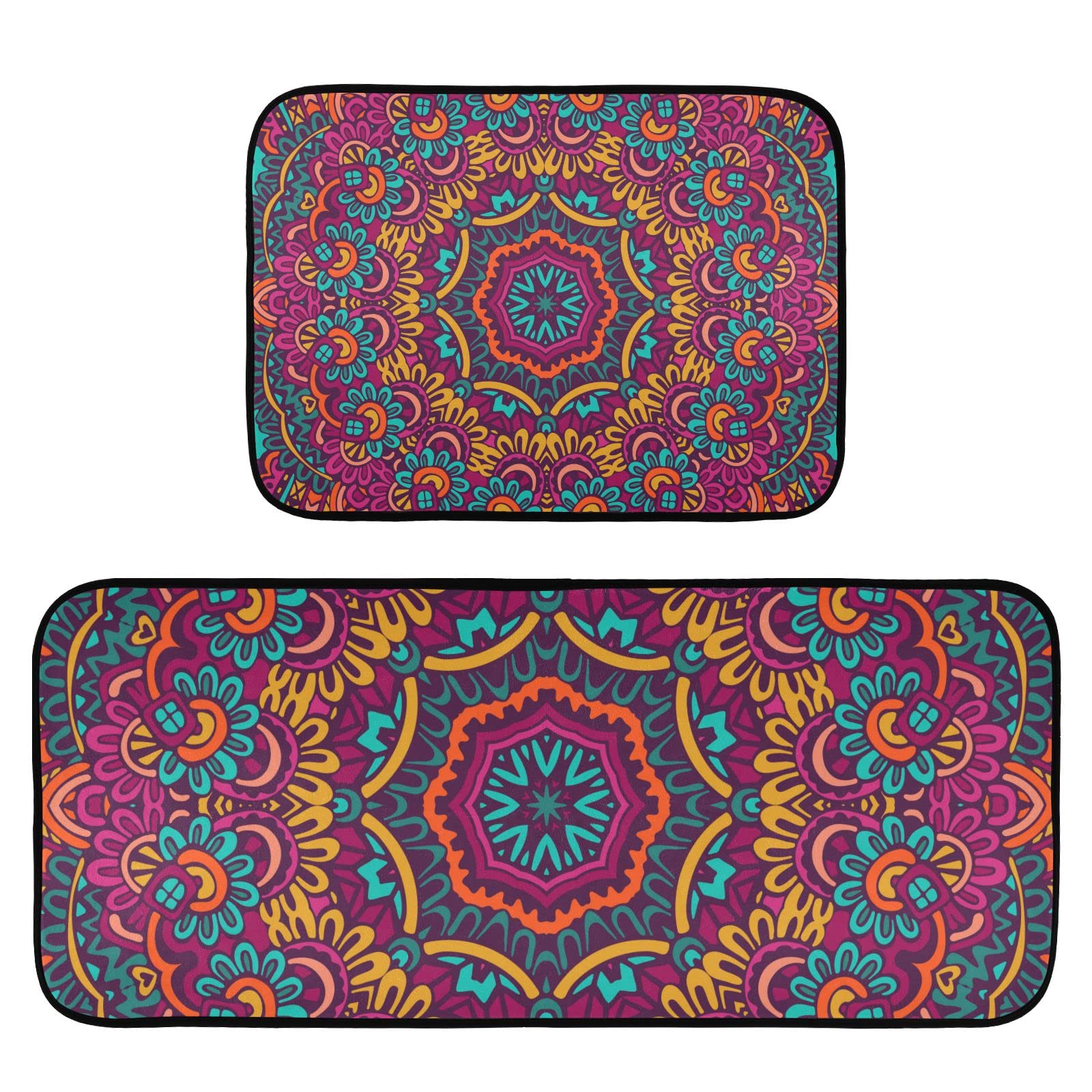 Boho Tribal 2-Piece Non-Slip Kitchen Rug Set - Washable Floor Mats for Kitchen, Bathroom & Laundry (19.7x27.6