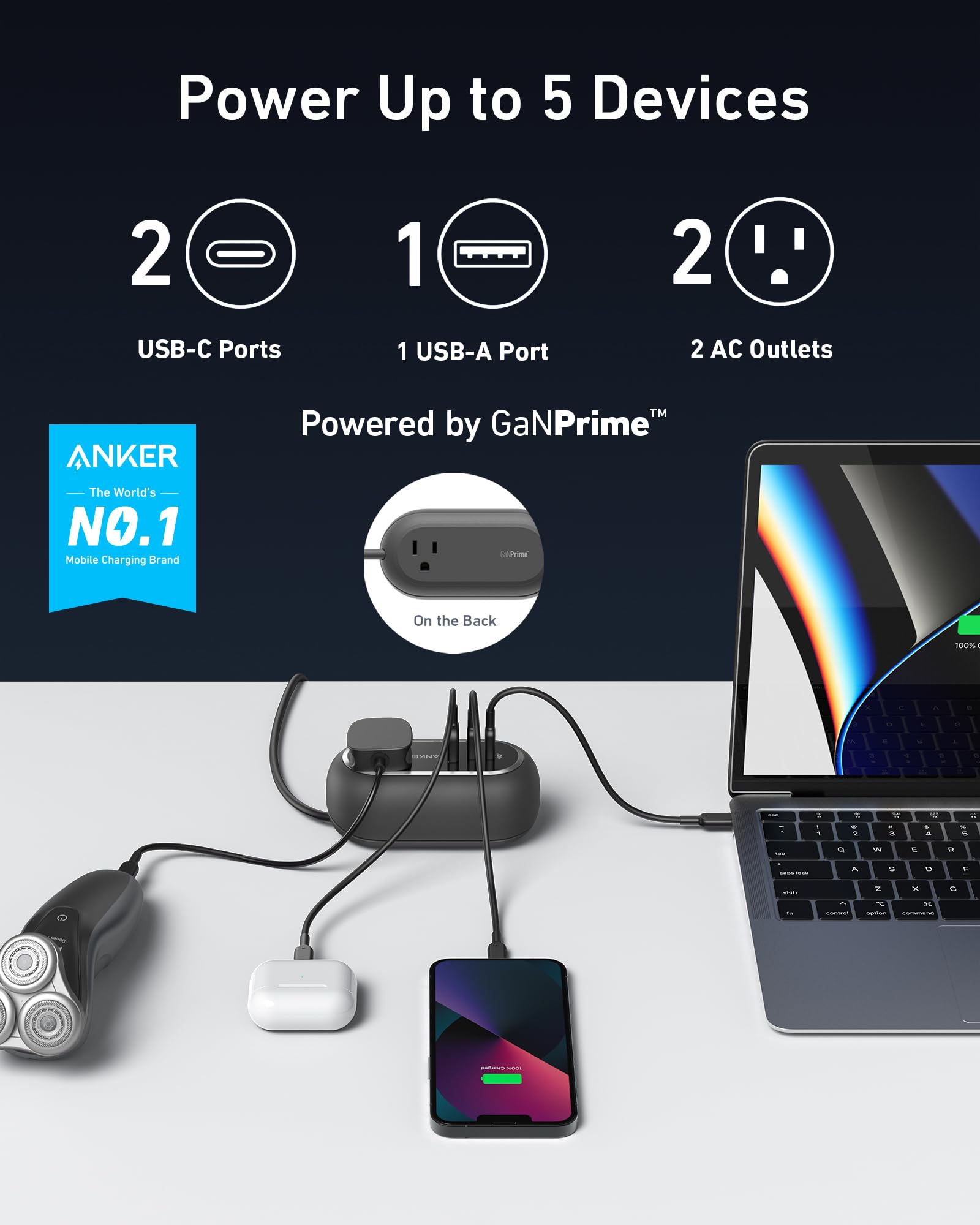 Anker GanPrime 65W USB C Charging Station - 5-in-1 Power Strip with 2 AC Outlets, 2 USB C & 1 USB A Ports - Fast Charging for iPhone 15, Galaxy S23, iPad Pro, MacBook Air - Perfect for Home Office, Travel & Hotel Use