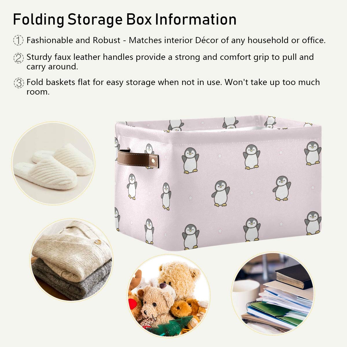 Foldable Storage Baskets with Handles - Pink Penguin Pattern Fabric Organizer Bin for Home & Office (15