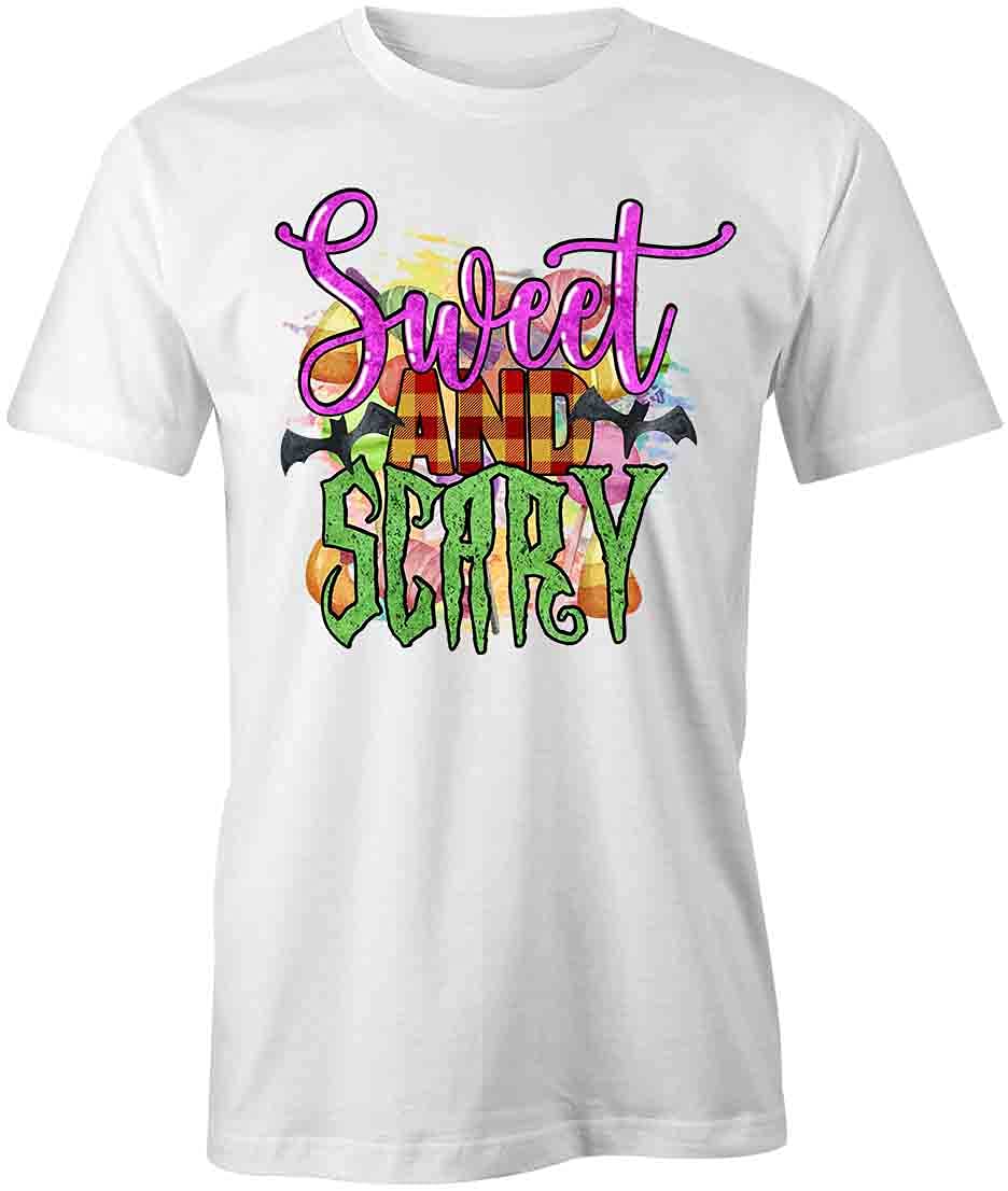 Sweet and Scary Graphic Printed T-Shirt for Men & Women | Funny Halloween Costume Tee | White Cotton Short Sleeve Shirt for Parties, Cosplay & Everyday Wear