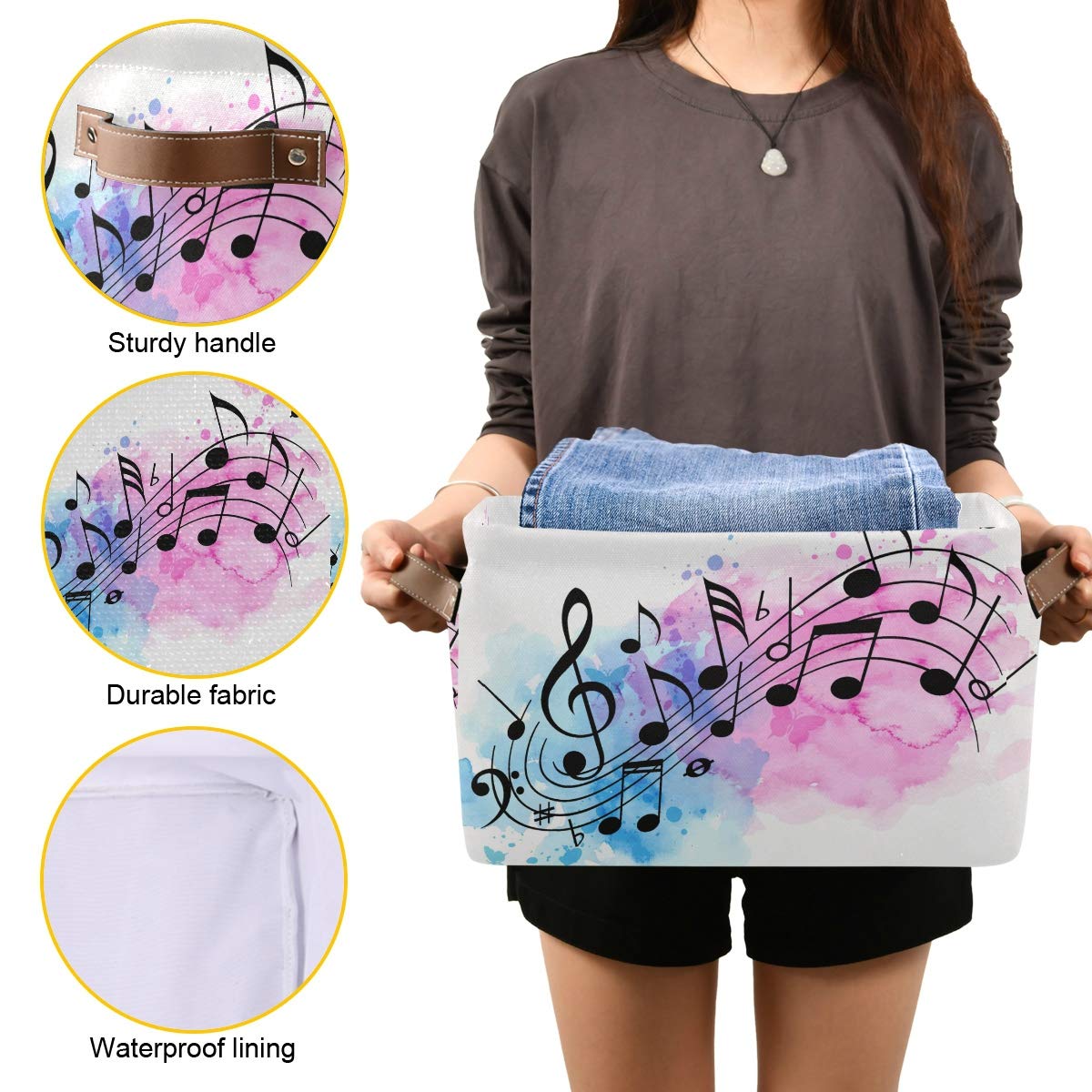Abstract Music Notes Canvas Storage Basket - Collapsible Fabric Bin with PU Leather Handles for Toys, Wardrobe & Closet Organization | Perfect for Nursery, Playroom & Bedroom Storage