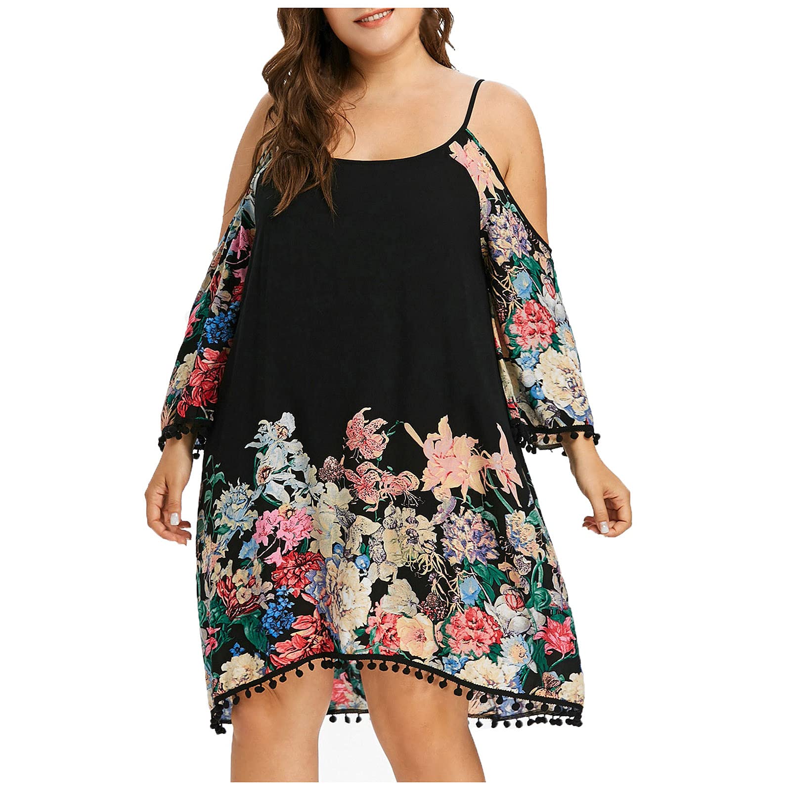 Women's Summer Floral Cami Dress - Plus Size Strapless Sundress with Hollow Design & Half Sleeves | Perfect for Beach Vacations, Pool Parties & Casual Outings