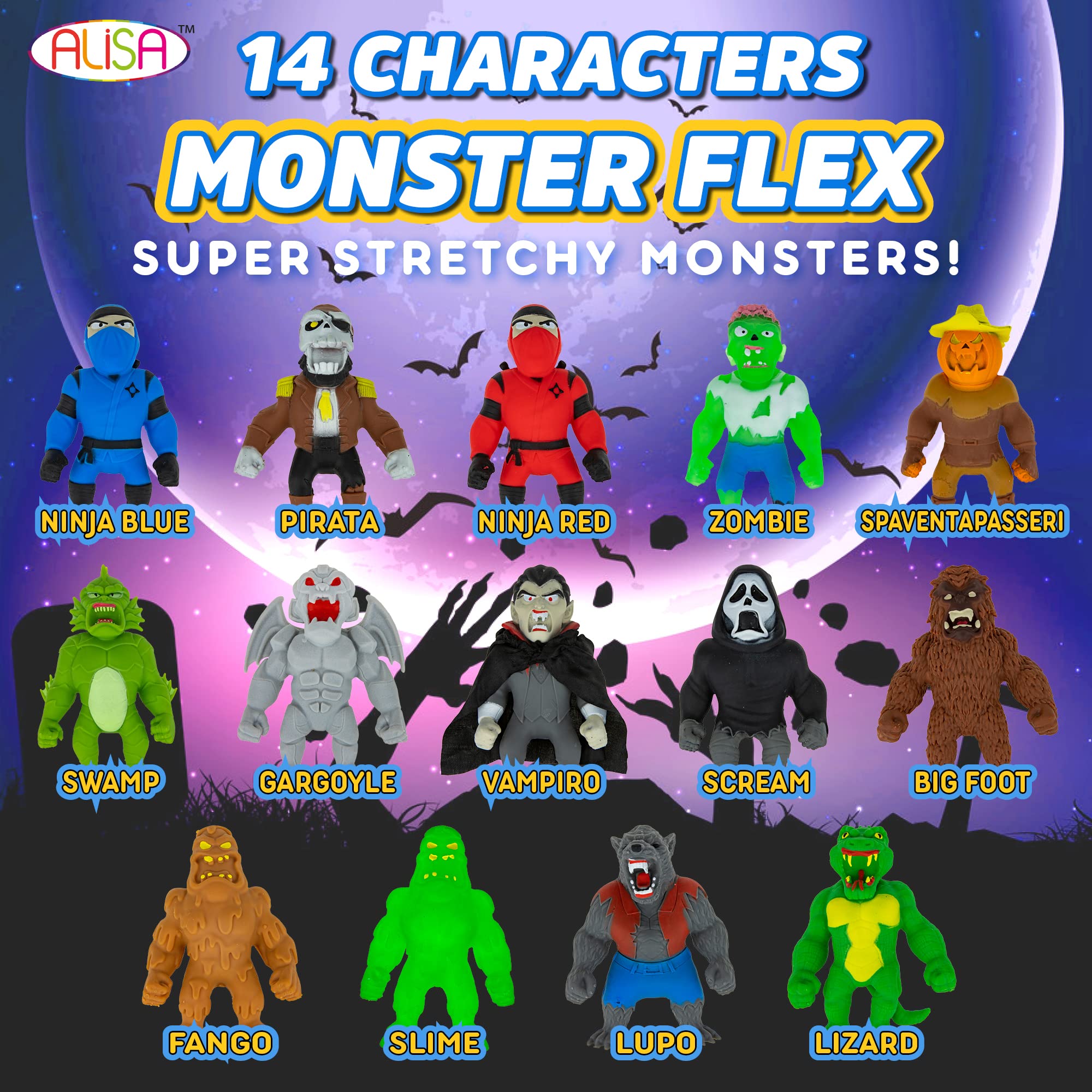 Monster Flex Stretchy Toys for Kids - 14 Unique Spooky Stretch Monsters Sensory Fidget Stress Relief Toys for Boys & Girls - Perfect Birthday Gift, Party Favors and Classroom Rewards - Series 3 (Thief) - Great for Playtime, Stress Relief and Sensory Development