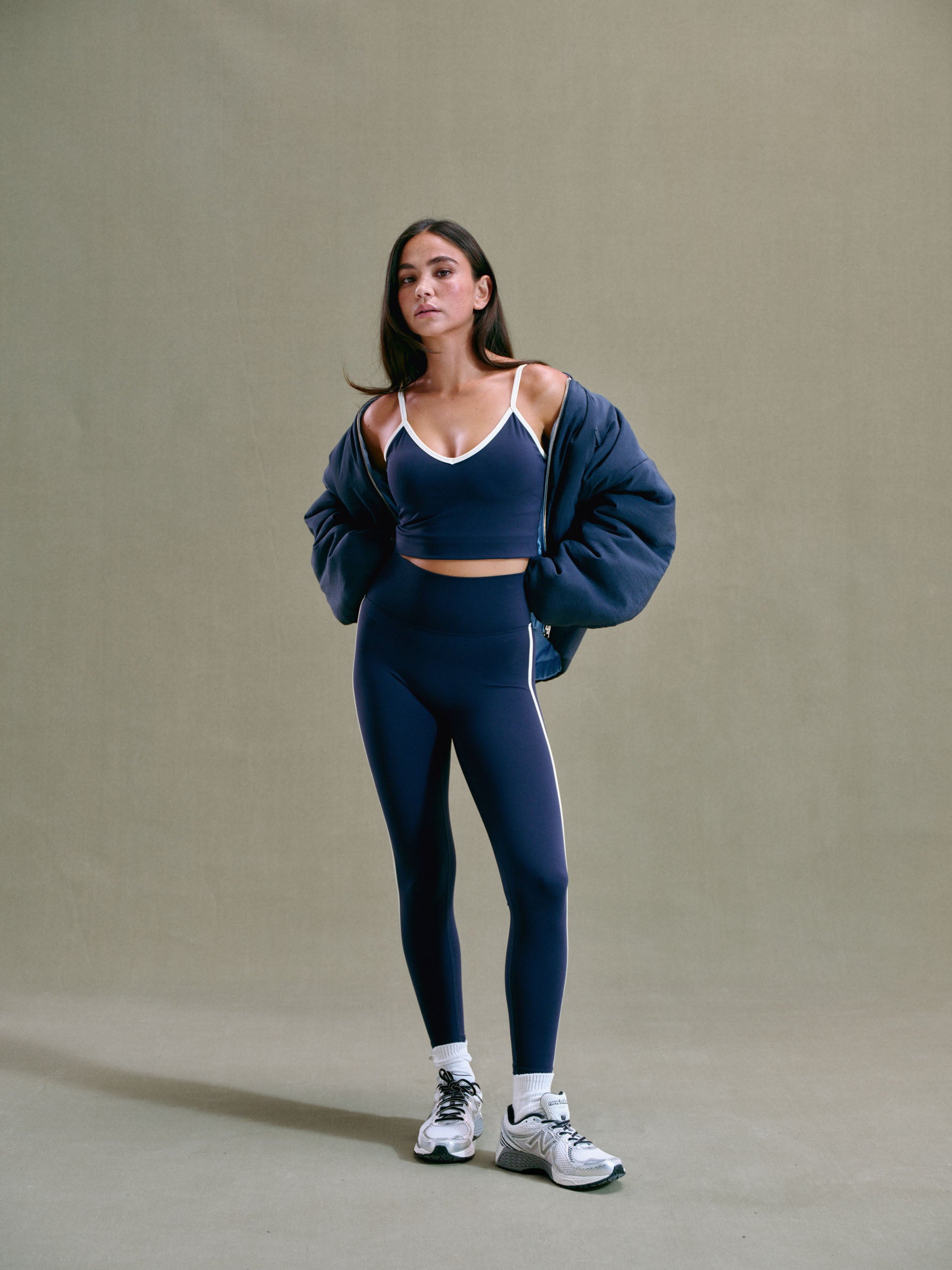 Ultimate Piping Leggings for Women - High Waist Yoga Pants with Side Stripes - Navy Blue & Marshmallow Color - Perfect for Gym, Running, Workout and Lounge Wear