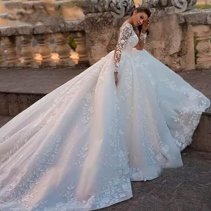 Elegant Floral Lace A-Line Wedding Dress for Women – Romantic Tulle Bridal Gown with Appliques – Perfect for Church Ceremonies, Beach Weddings & Vow Renewals