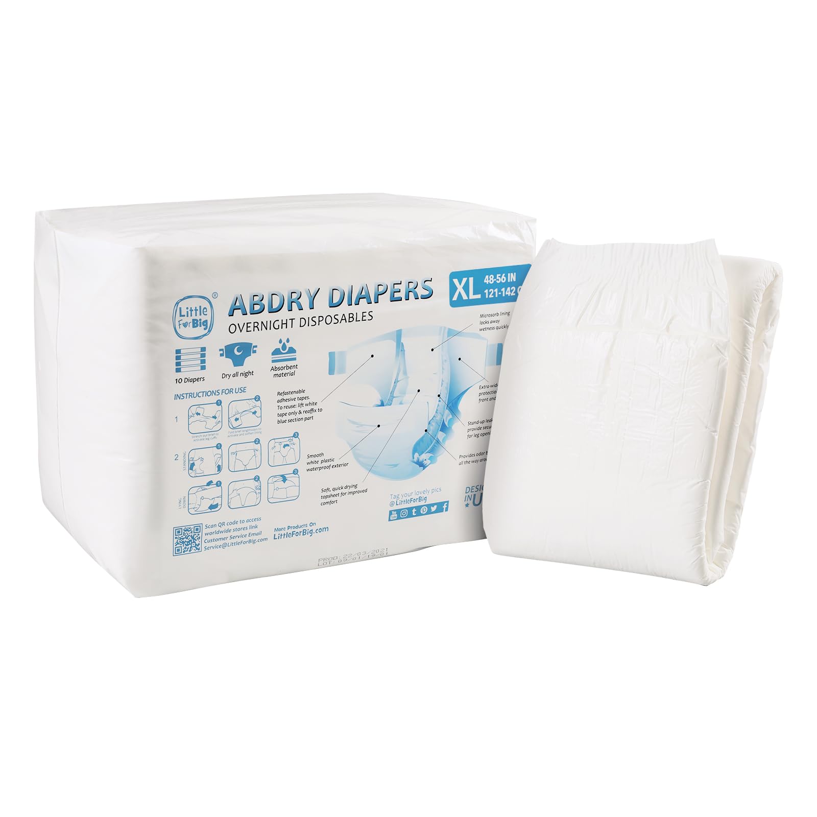 LittleForBig Adult Diapers 10 Pack - ABDry White Diapers (X-Large 121-142 CM) for Incontinence Protection & Comfortable Nighttime Use