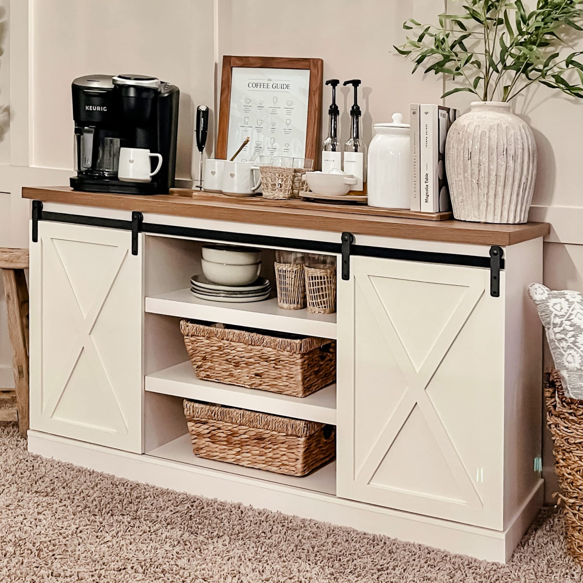 PHI VILLA Farmhouse Coffee Bar Cabinet with Sliding Barn Door - Rustic Kitchen Sideboard Buffet Storage Cabinet for Dining Room, Living Room & Home Office Organization