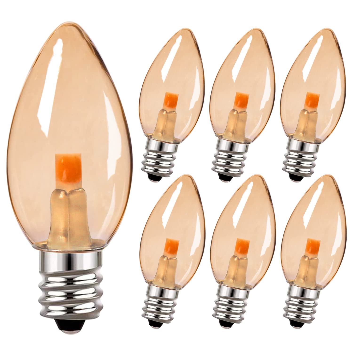 Energy Efficient C7 COB E12 LED Candelabra Bulbs - 0.6W (7W Equivalent) Warm White 2200K Amber Glass Night Lights - Perfect for Window Candles, Chandeliers & Holiday Decorations - 6 Pack