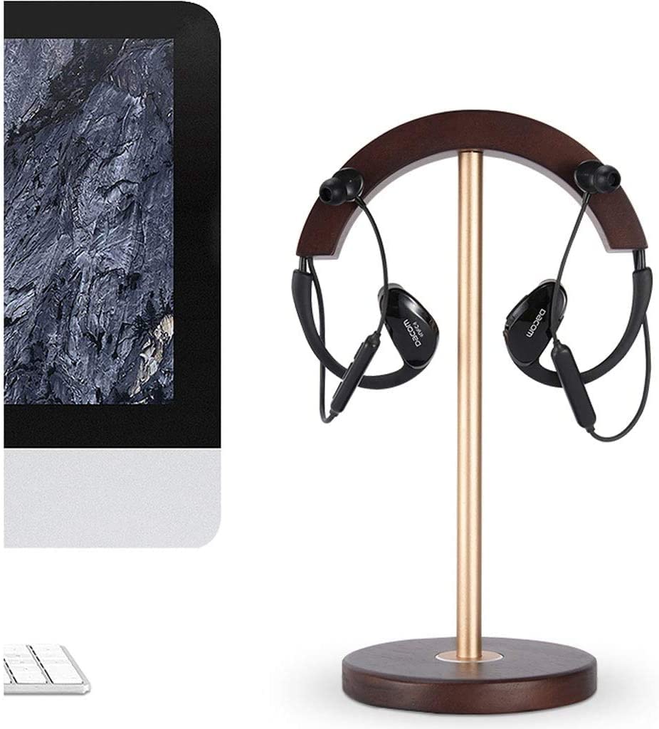 Premium Wooden & Aluminum Headphone Stand - Universal Headset Holder with Walnut & Gold Finish | Desk Organizer for Gaming, Office, or Studio Use
