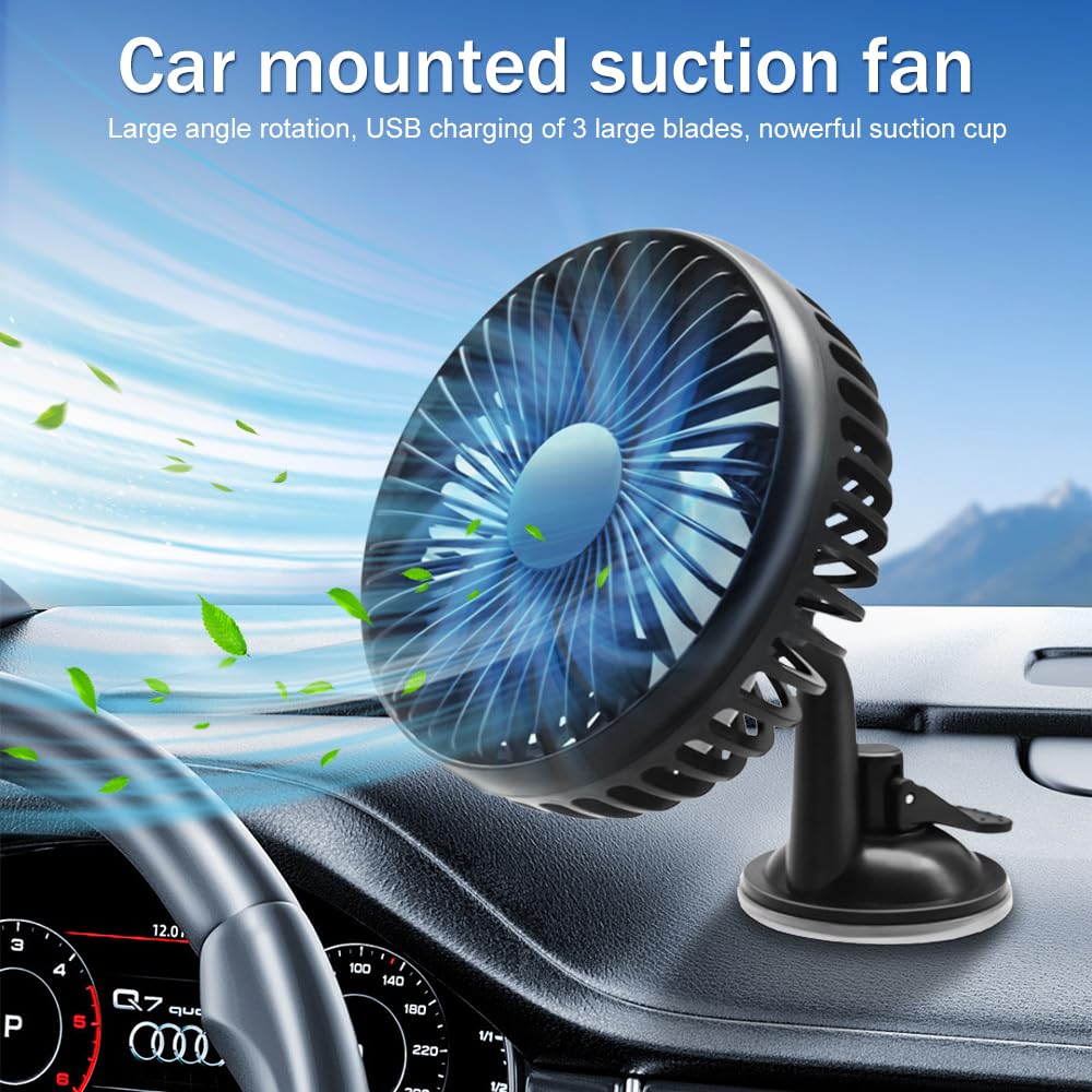 KTW1A3 USB Car Fan with Suction Cup - 12V/24V Portable Mini Fan, 360° Rotatable, 3 Speed Adjustable for Car Dashboard, Home, Office & Travel | Perfect for Cooling in Vehicles, Work Desks & Outdoor Activities