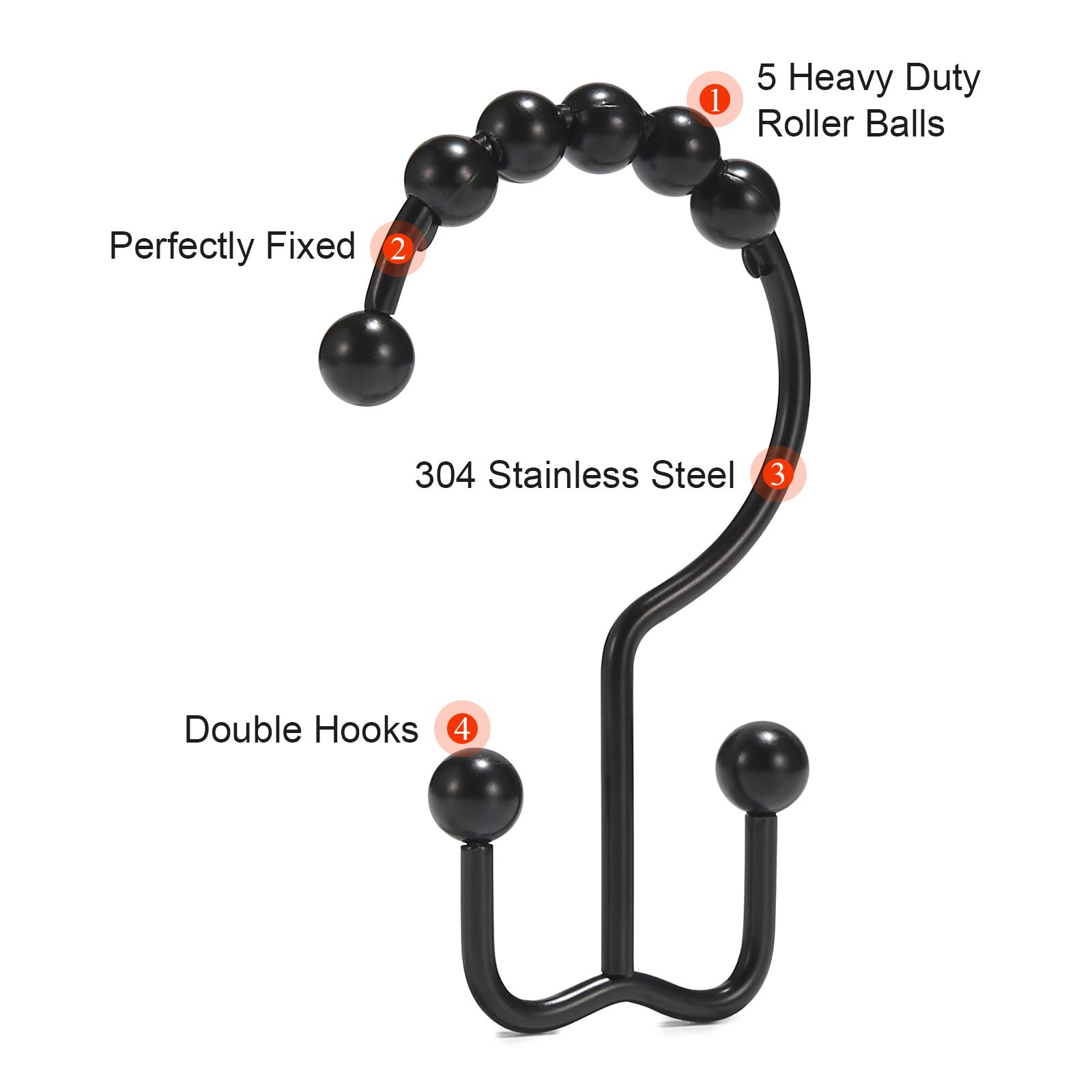 Goowin Stainless Steel Black Shower Curtain Hooks - Rust Proof Double Shower Rings with Free Sliding for Shower Curtain & Liners - Perfect for Bathroom, Hotel, and Home Decor (Black)