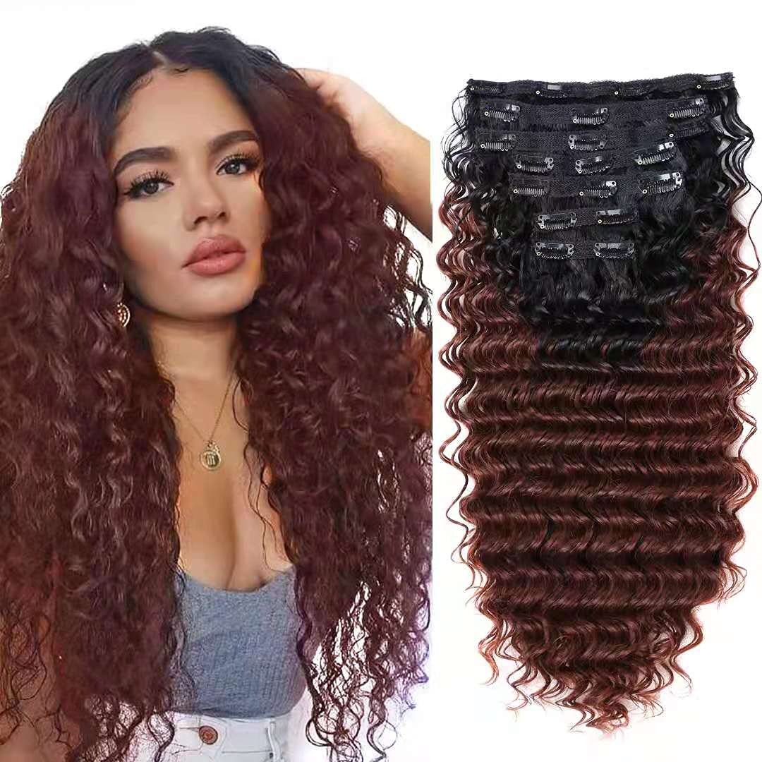 24 Inch Deep Wave Clip-In Hair Extensions - Human Hair Feel, Double Weft, Thick Ombre Synthetic Hairpiece for Women - Natural Looking (T1B/33) | Perfect for Parties, Weddings & Everyday Styling