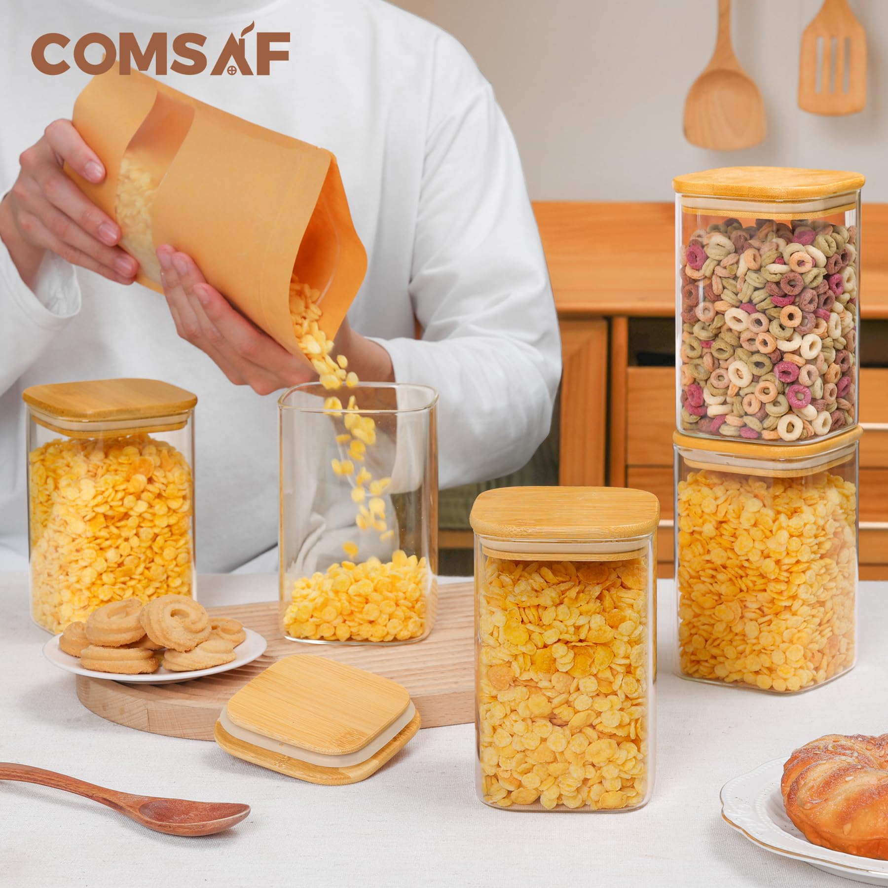 ComSaf 37 oz Glass Storage Containers with Airtight Lids - Set of 6 Clear Square Food Jars for Pantry Organization | Perfect for Storing Cookies, Flour, Oats, Pasta, Tea & Coffee Beans | Kitchen & Home Storage Solution