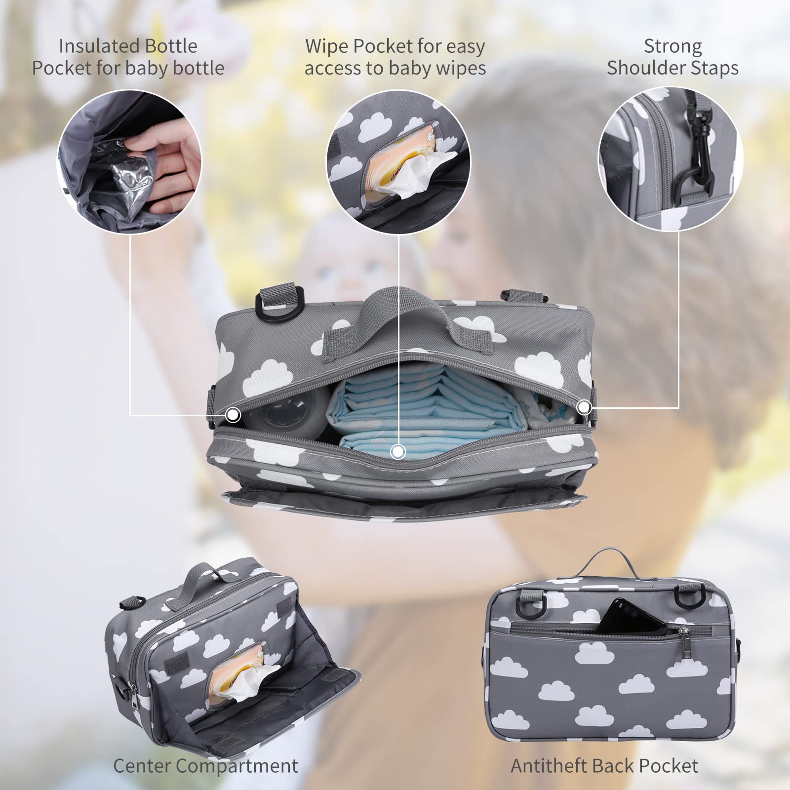 Portable Diaper Bag for Baby - Insulated Pocket, Stroller Hooks & Adjustable Strap - Universal Mini Tote Organizer Fits All Strollers (Gray) - Perfect for On-the-Go Parents, Travel & Daily Strolls