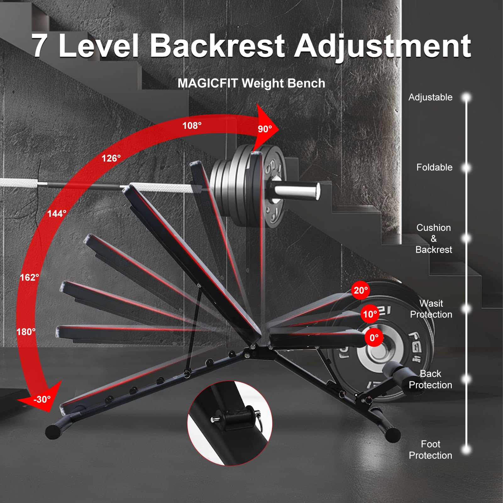 7-Level Adjustable Weight Bench for Home Gym - Foldable Incline/Decline/Flat Workout Bench with 550LBS Capacity - Perfect for Strength Training, Bench Press & Full-Body Exercises at Home