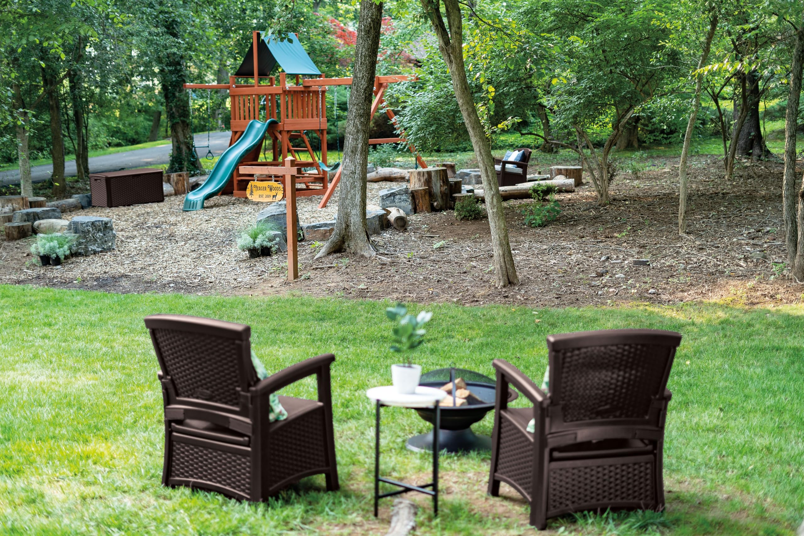 Suncast 23-Gallon Storage Wicker Love Seat - All-Weather Outdoor Furniture with Ergonomic Back Support for Patio, Deck & Garden - Perfect for Couples Relaxing in Backyard or Poolside