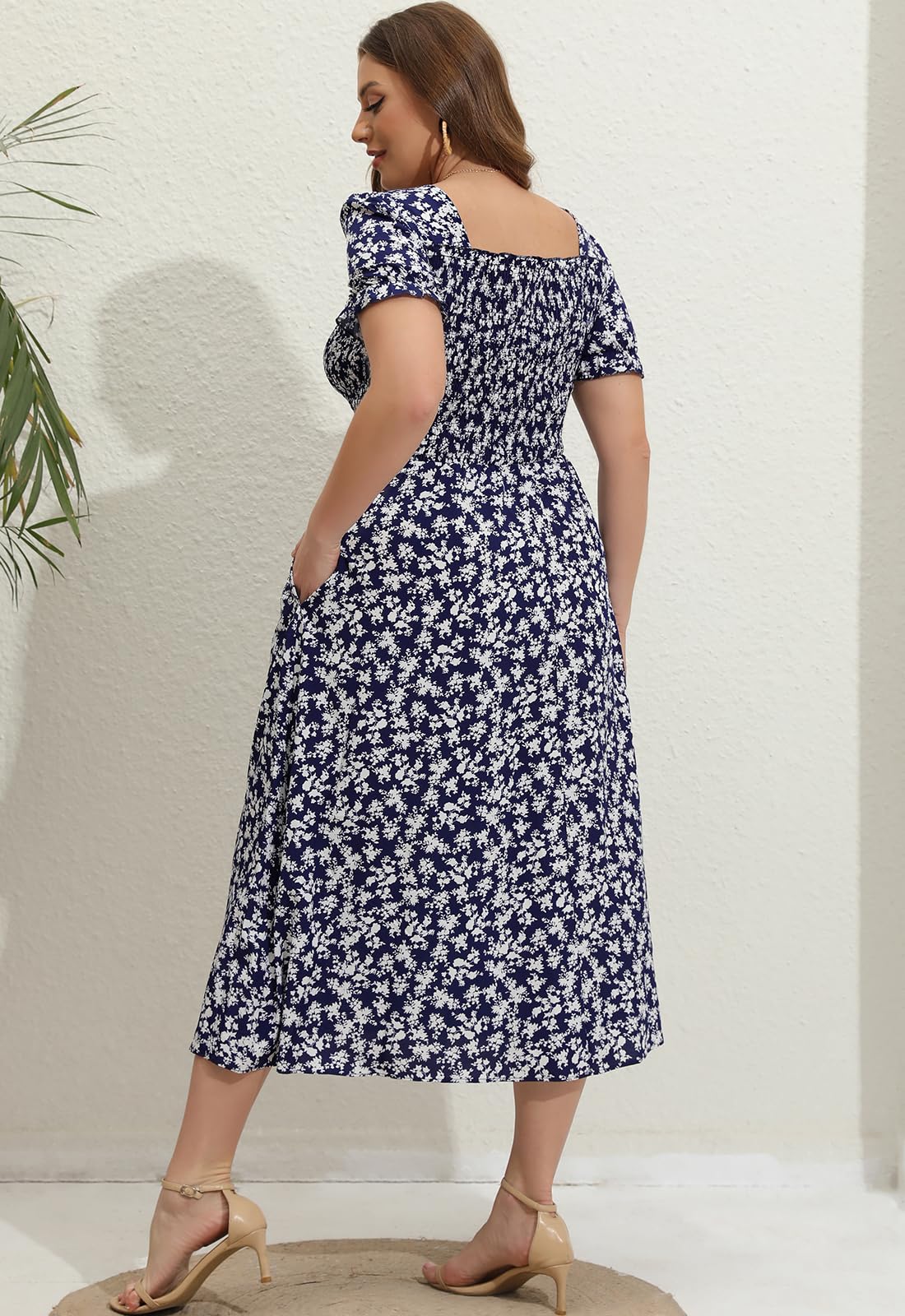 2025 Women's Plus Size Summer Casual Dress - Smocked Midi Floral Dress with Puff Sleeves & Pockets | Calf Length Comfort for Beach, Vacation & Everyday Wear