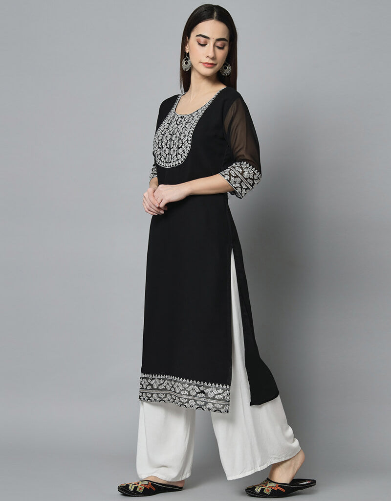 Black Georgette Palazzo Straight Pants for Women - Elegant Wide Leg Trousers for Office, Party & Casual Wear