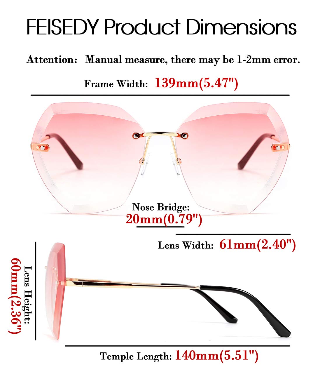 FEISEDY Women's Oversized Rimless Sunglasses with Diamond-Cut Lenses - UV Protection Fashion Shades for Driving, Beach & Outdoor Activities B2569