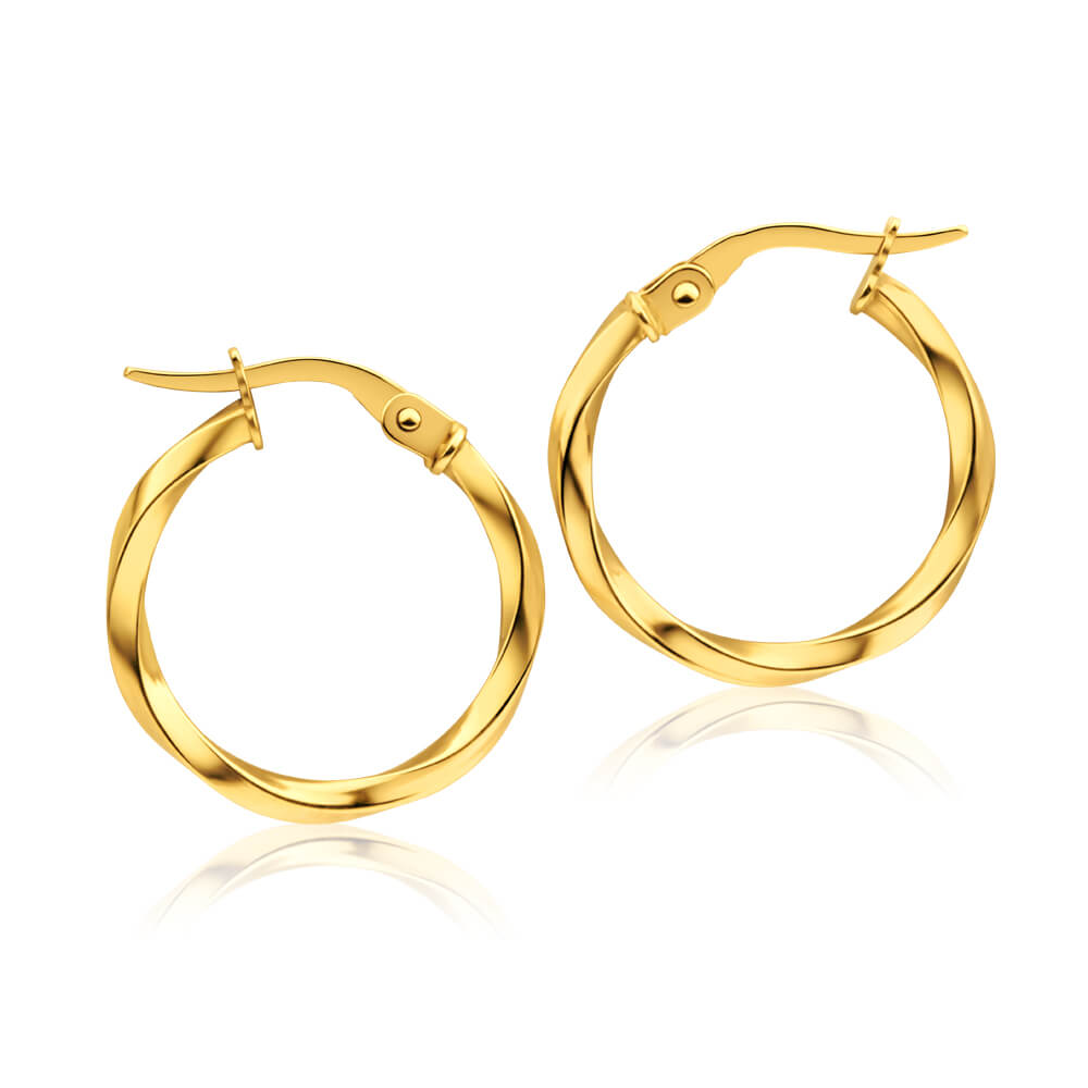 9ct Yellow Gold 15mm Italian Made Twist Hoop Earrings for Women - Elegant Dangle Earrings for Party, Wedding & Everyday Wear