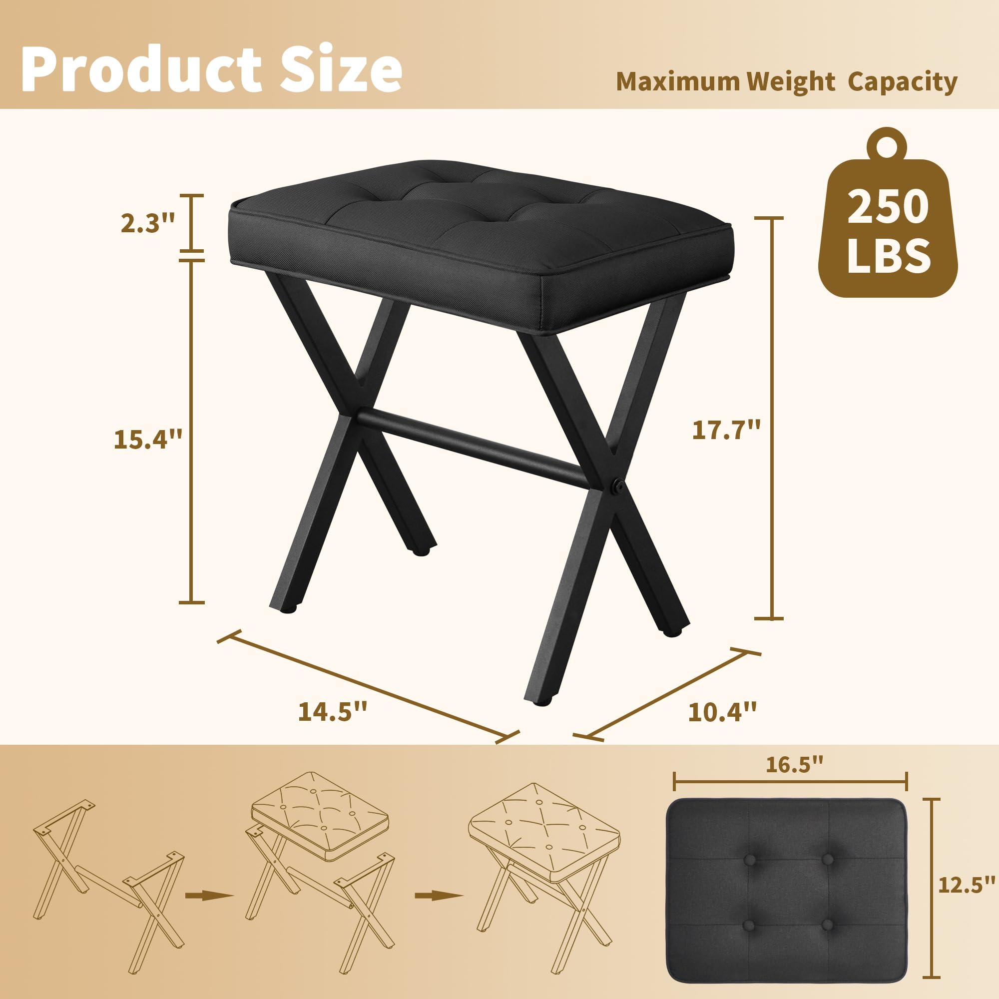 Vanity Stool with Upholstered Seat & Metal X-Legs - Makeup Stool Ottoman Chair for Dressing Room, Bedroom, Bathroom & Living Room - Comfortable Padded Footrest Seat for Entryway & Home Decor (Black)
