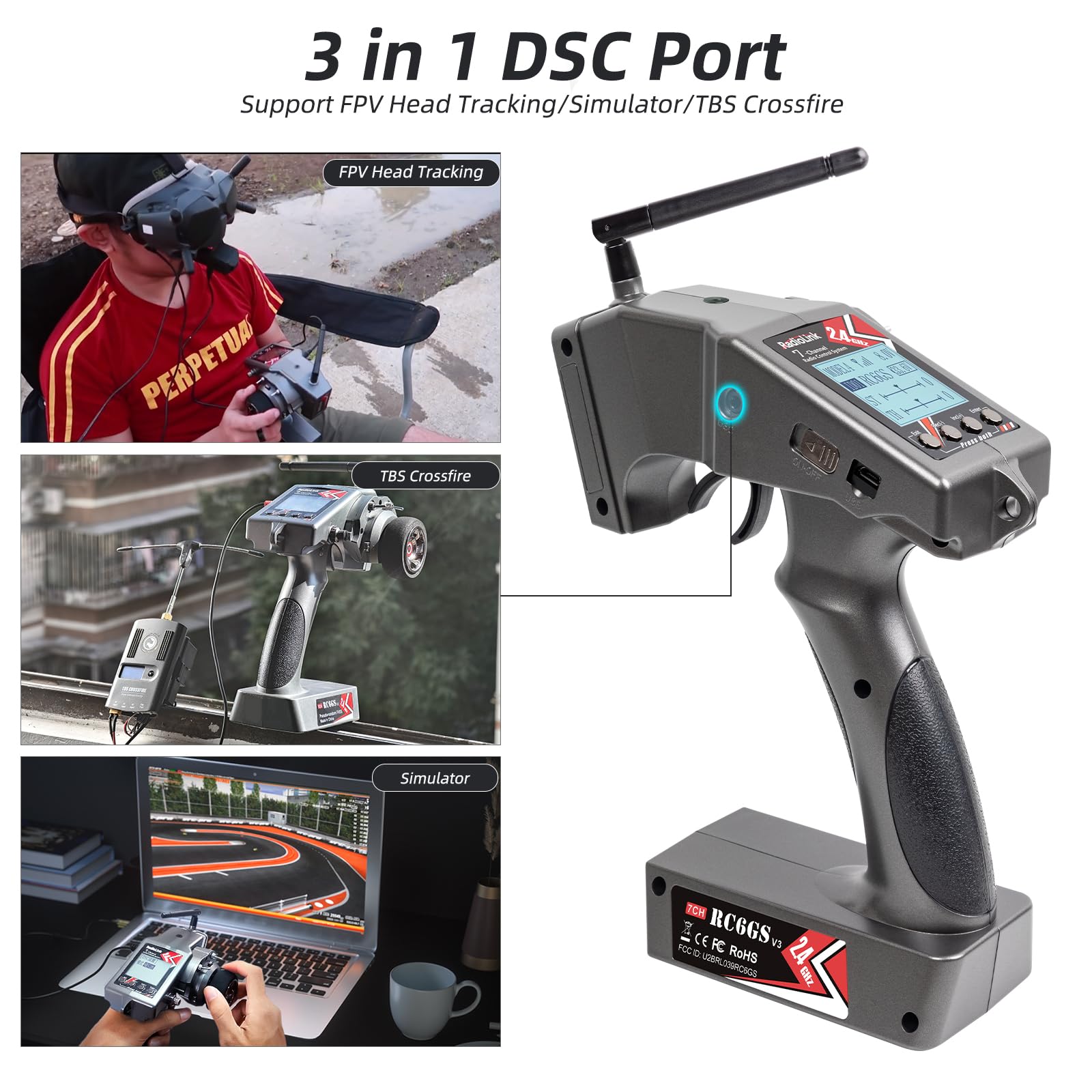 Radiolink RC6GS V3 2.4GHz 7-Channel RC Car Radio Controller Kit with R6FG Gyro Receiver - Long Range Remote Control for RC Crawler, Truck, Drifting, Buggy - Perfect for Off-Road Racing and Professional RC Hobbyists