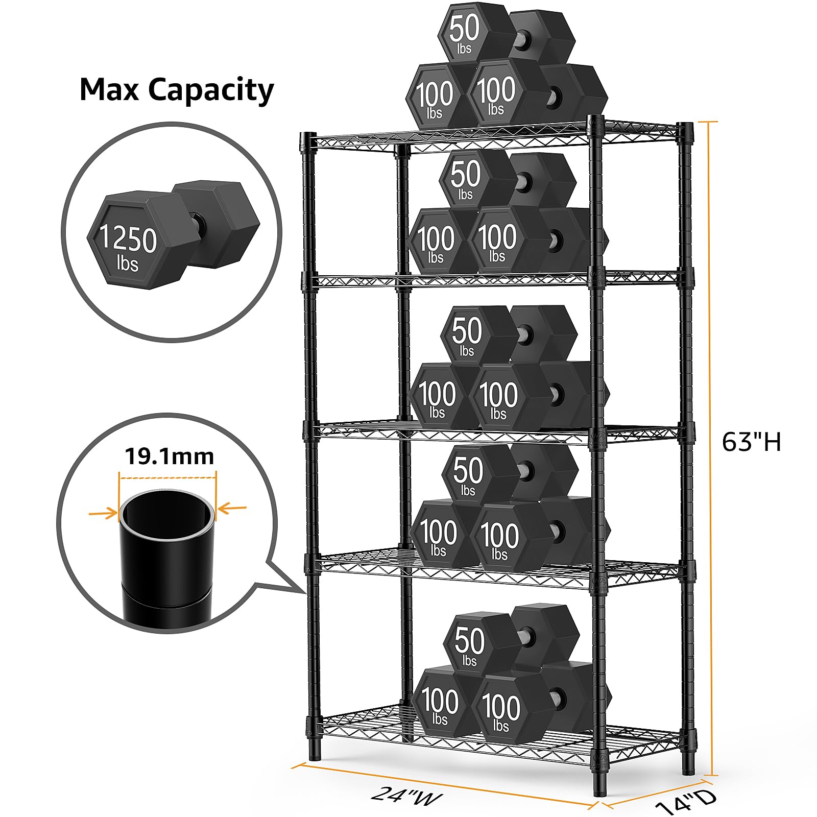 MZG 5-Tier Heavy Duty Steel Wire Shelving Unit - 1250 lbs Capacity Storage Rack for Home, Kitchen, Office, Garage - 13.7