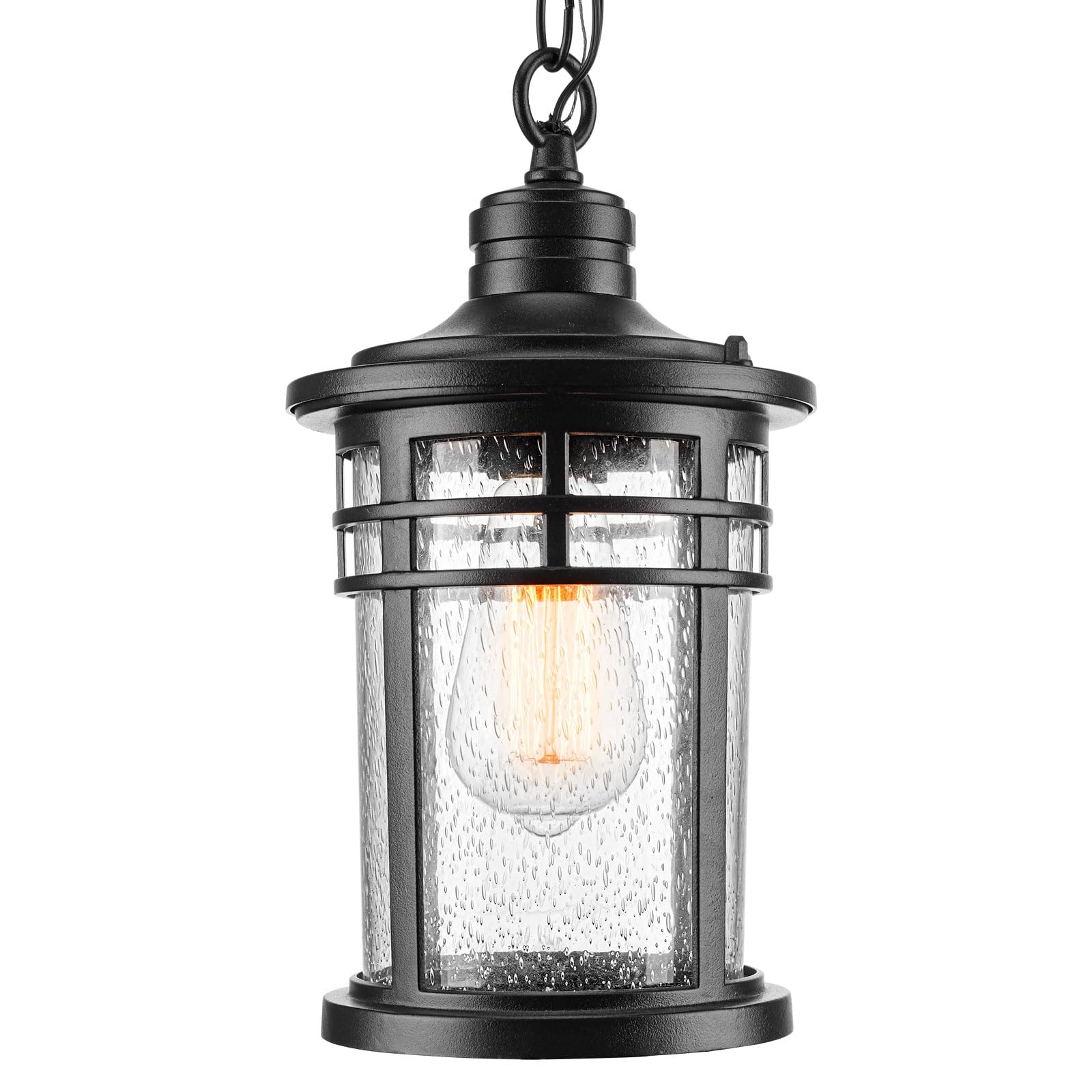 Darkaway Outdoor Pendant Lights - Black Aluminum Hanging Porch Chandelier with Seeded Glass, Ceiling Mount for Front Porch, Gazebo, Patio (Medium Size) | Perfect for Outdoor Dining, Garden Decor & Entryway Lighting