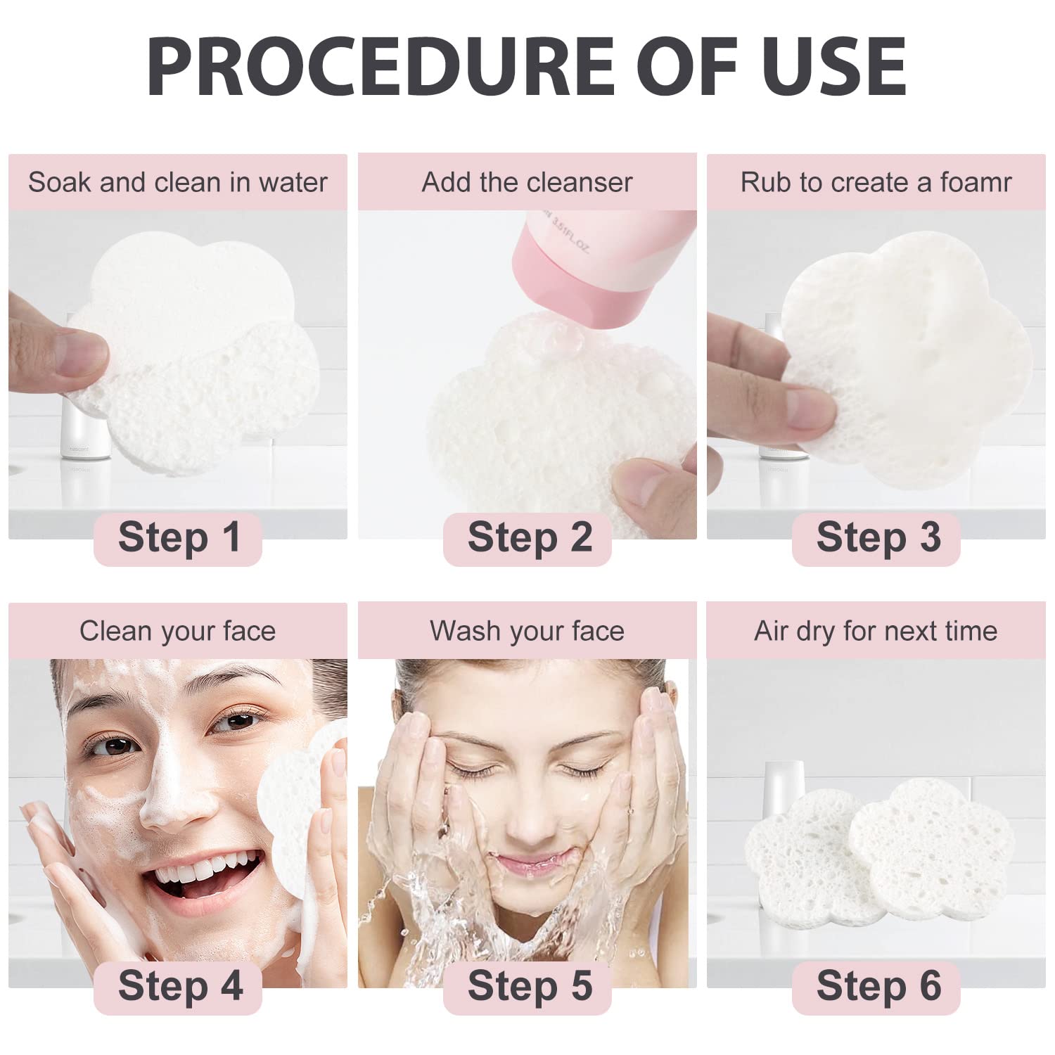 50-Count Compressed Facial Sponges | Natural Cleansing Pads | Cute Flower Exfoliating Sponges | Reusable Makeup Remover | Best Gift for Skincare Lovers (White+Pink) | Perfect for Daily Face Cleansing & Gentle Exfoliation