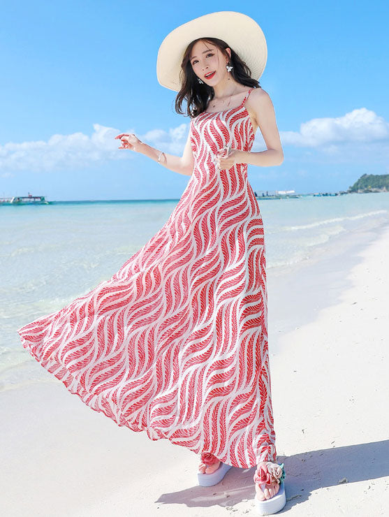 Red Striped Maxi Beach Dress with Tie Back - Flowy Summer Sundress for Women, Perfect for Vacations, Pool Parties & Tropical Getaways