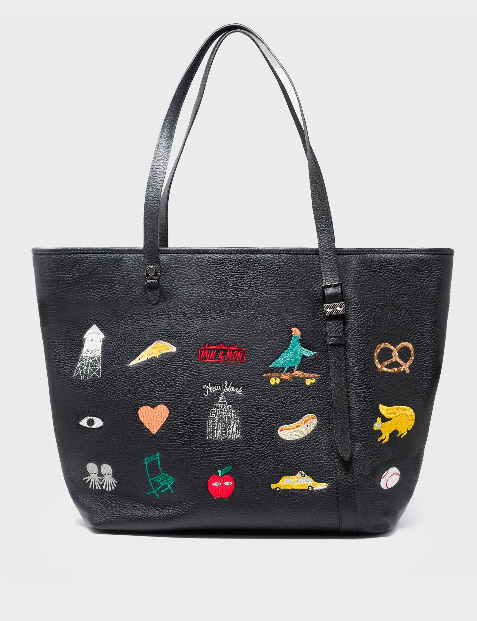 Bruno Black Leather Tote Bag with Eye Love New York Embroidery - Stylish Women's Handbag for Work, Travel & Everyday Use