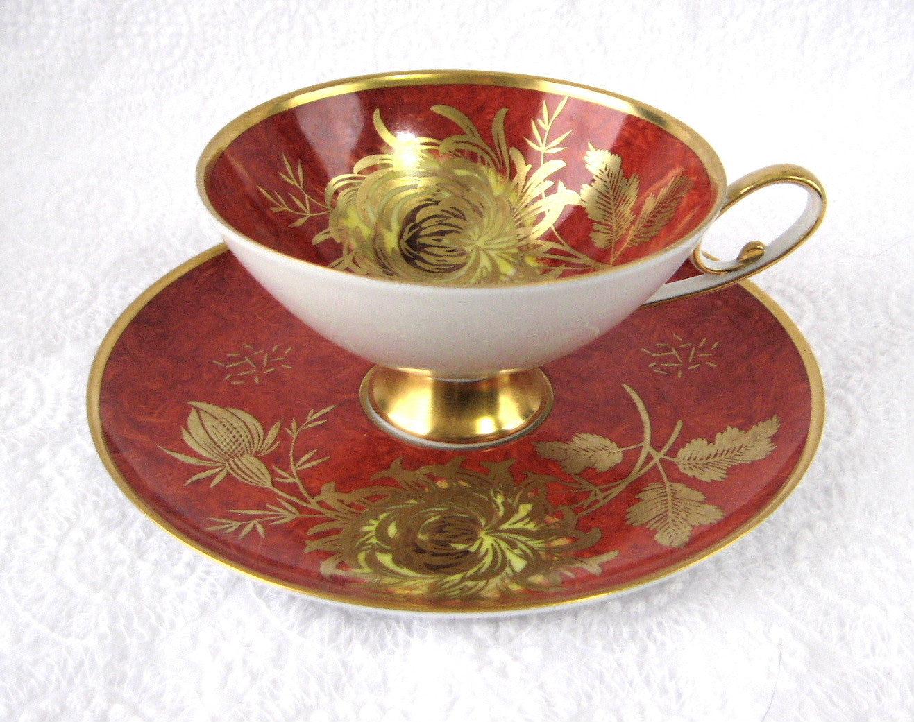 Vintage Red Alka Bavaria Cup and Saucer Set with Gold Chrysanthemums Pattern - Patricia Collection 1950s Martini Glass - Perfect for Tea, Coffee, and Cocktail Parties