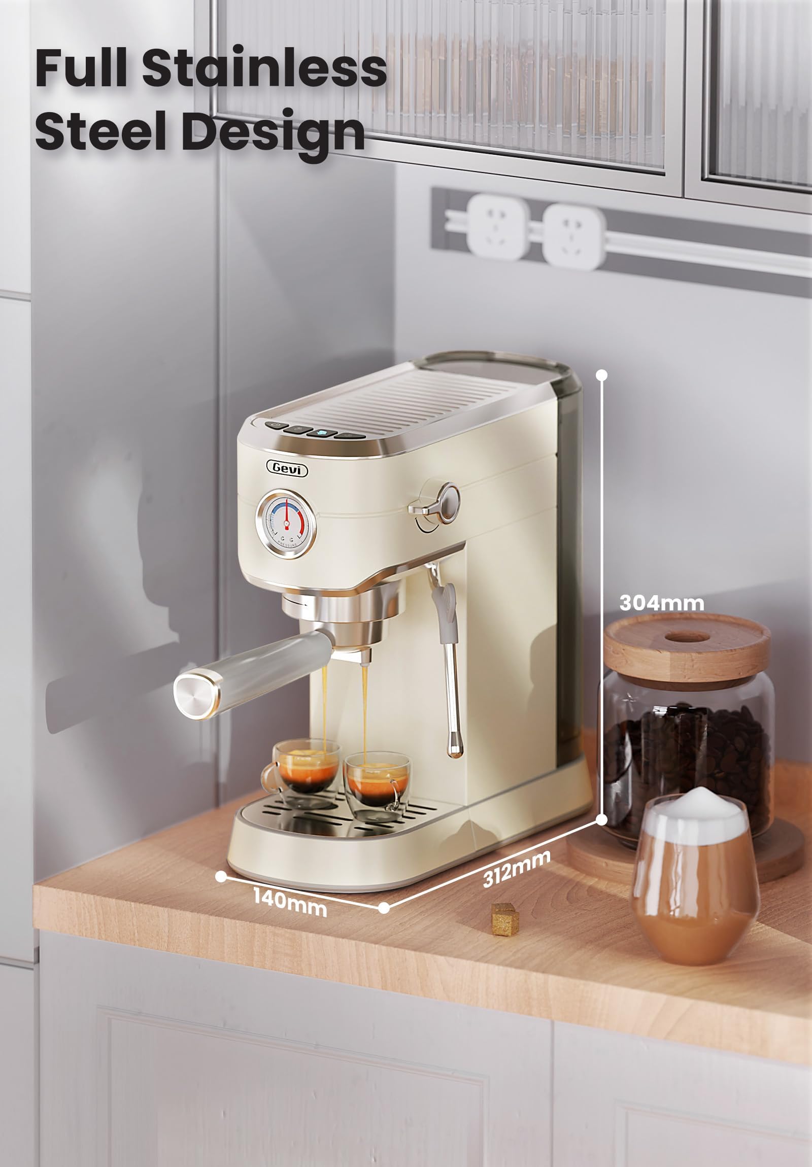 Gevi Commercial Espresso Machine & Coffee Maker - Professional Stainless Steel Latte Machine with Milk Frother for Home Baristas | Compact Cappuccino & Espresso Maker for Kitchen, Office, Cafe | Perfect Gift for Coffee Lovers