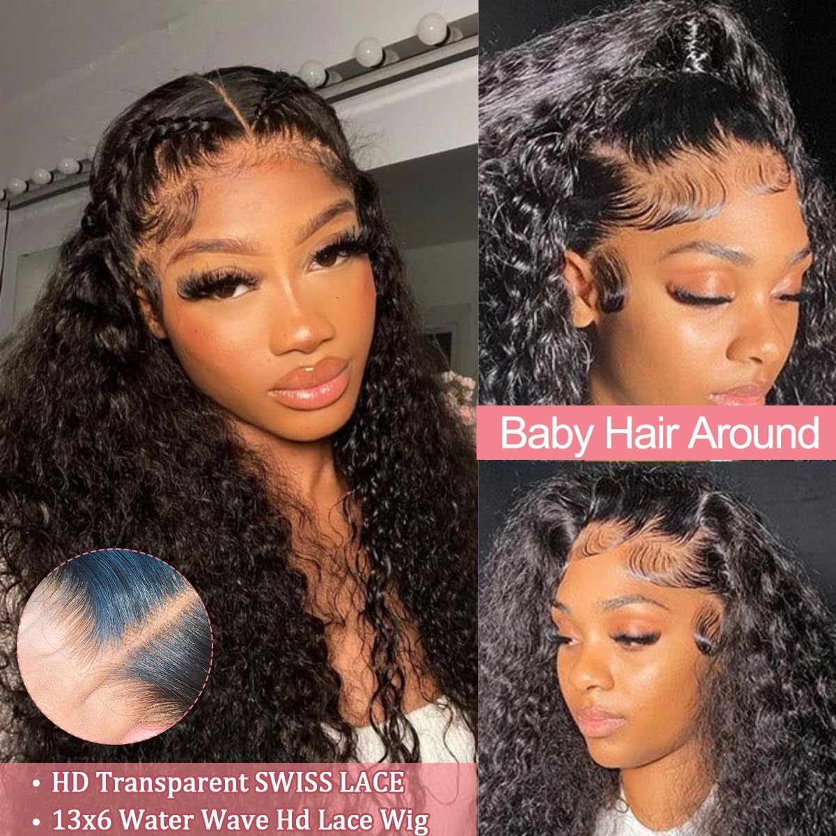 13x6 Water Wave Lace Front Wigs Human Hair - Pre Plucked 180% Density Curly Lace Front Wig - Wet and Wavy Human Hair Wig 10A - Glueless Wear and Go Replacement Wigs with Bleached Knots - Natural Black 24 Inch - Perfect for Daily Wear, Cosplay, and Special Occasions
