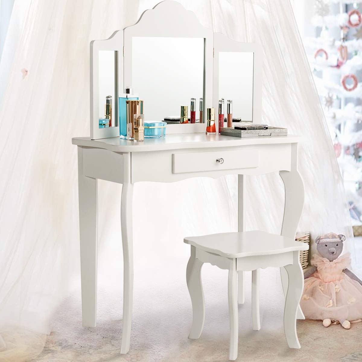 HOMGX White Wooden Kids Vanity Table Set with 180° Tri-Folding Mirror & Stool - Princess Makeup Dressing Table with Pull-Out Drawer for Little Girls | Perfect for Bedroom, Birthday Gifts & Pretend Play