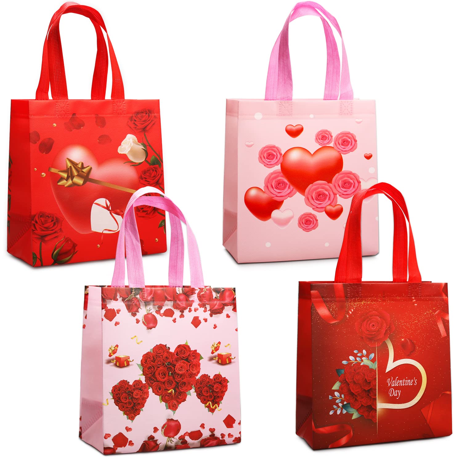 PARSUP 4-Pack Reusable Valentine's Day Gift Bags with Handles - 8.7×9.2×4.3inch Non-Woven Treat Bags for Party Favors, Candy, Gifts Wrapping - Perfect for Valentine's Parties, School Events & Romantic Surprises